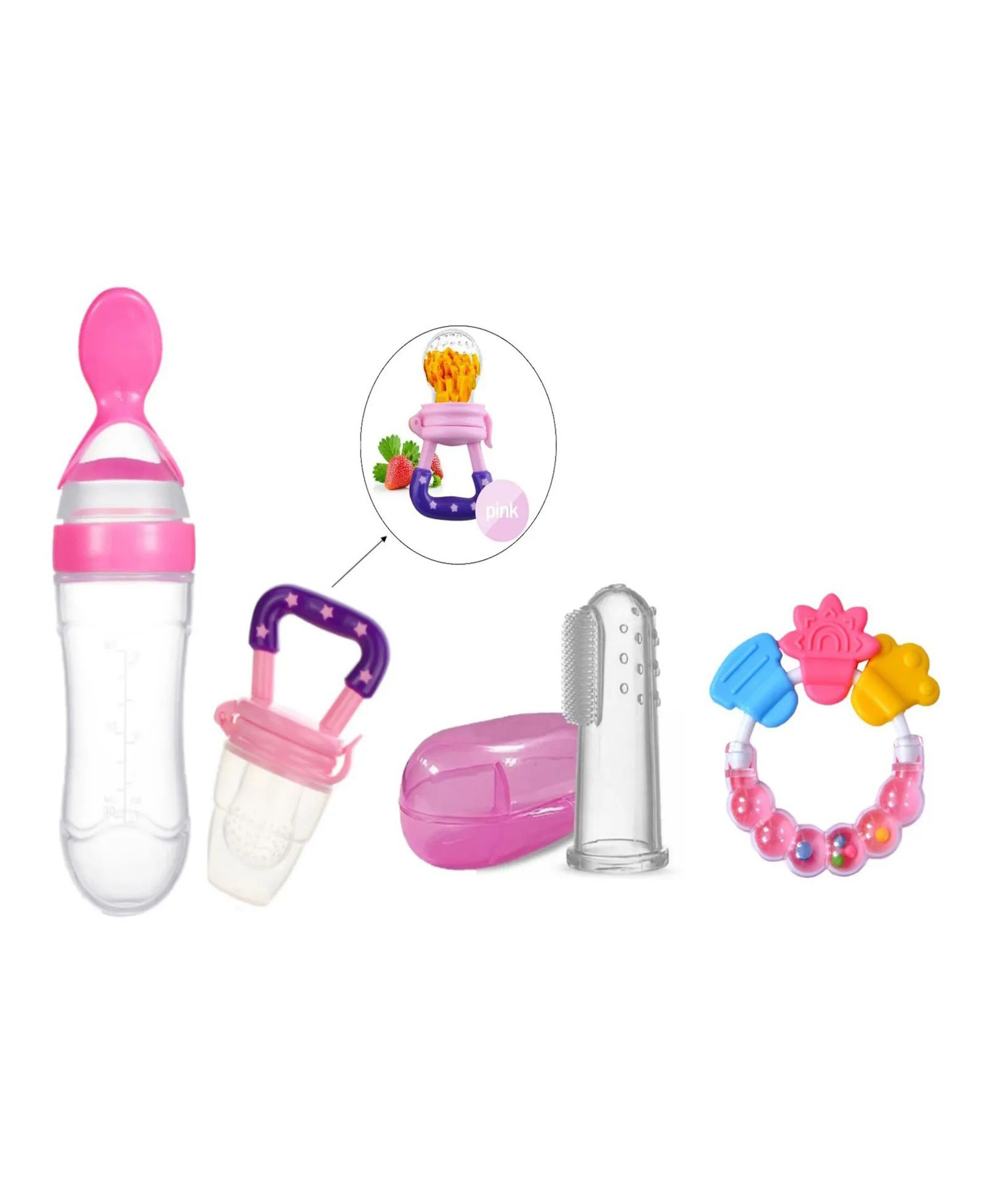 NeonateCare Combo of Squeezy Spoon Feeder Ring Teether Finger Toothbrush and Fruit Feeder ( Spoon Feeder Fruit Feeder Ring teether Finger Brush) - Pink-picture-30