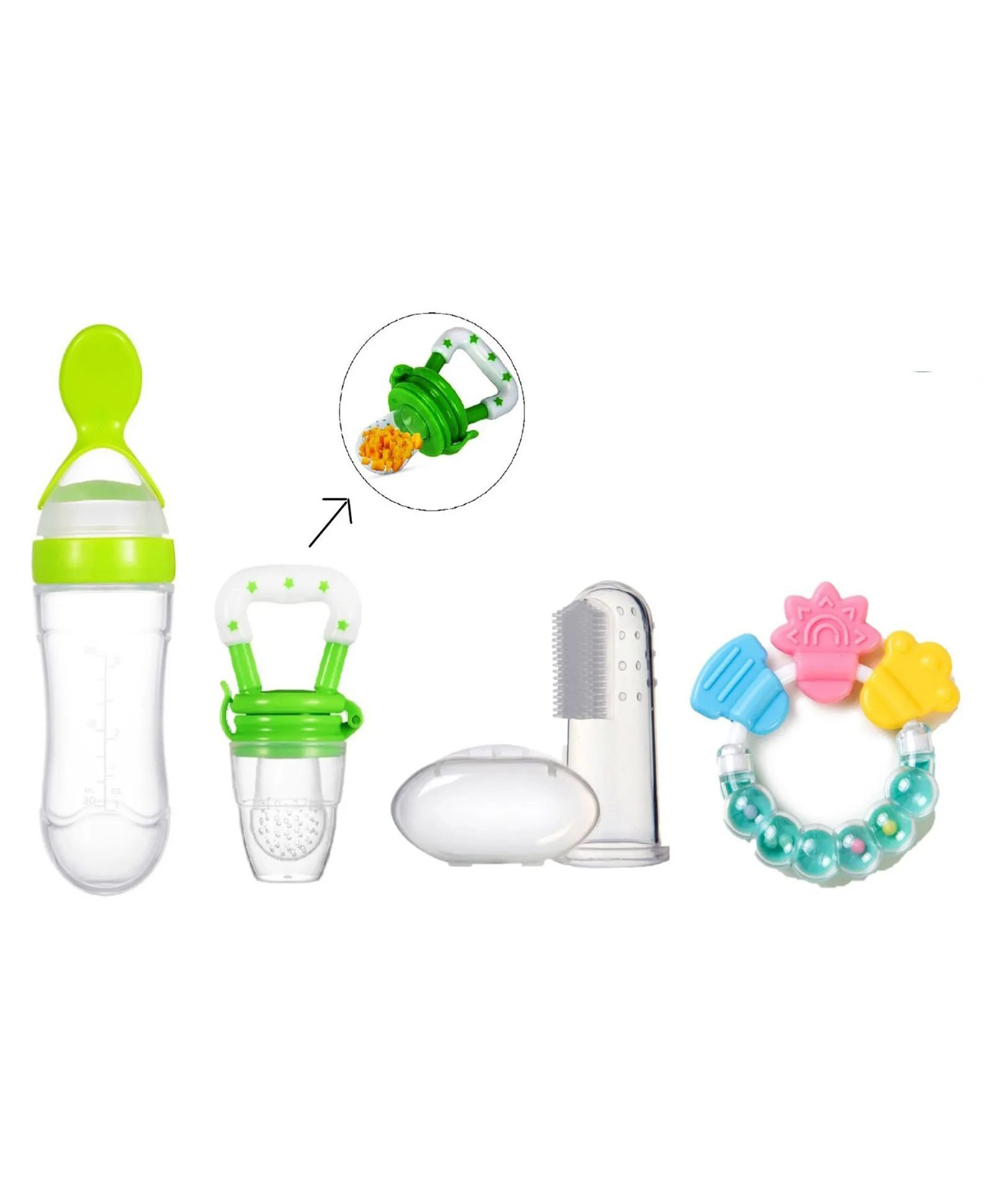 NeonateCare Combo of Squeezy Spoon Feeder Ring Teether Finger Toothbrush and Fruit Feeder ( Spoon Feeder Fruit Feeder Ring teether Finger Brush) - GREEN-image-42