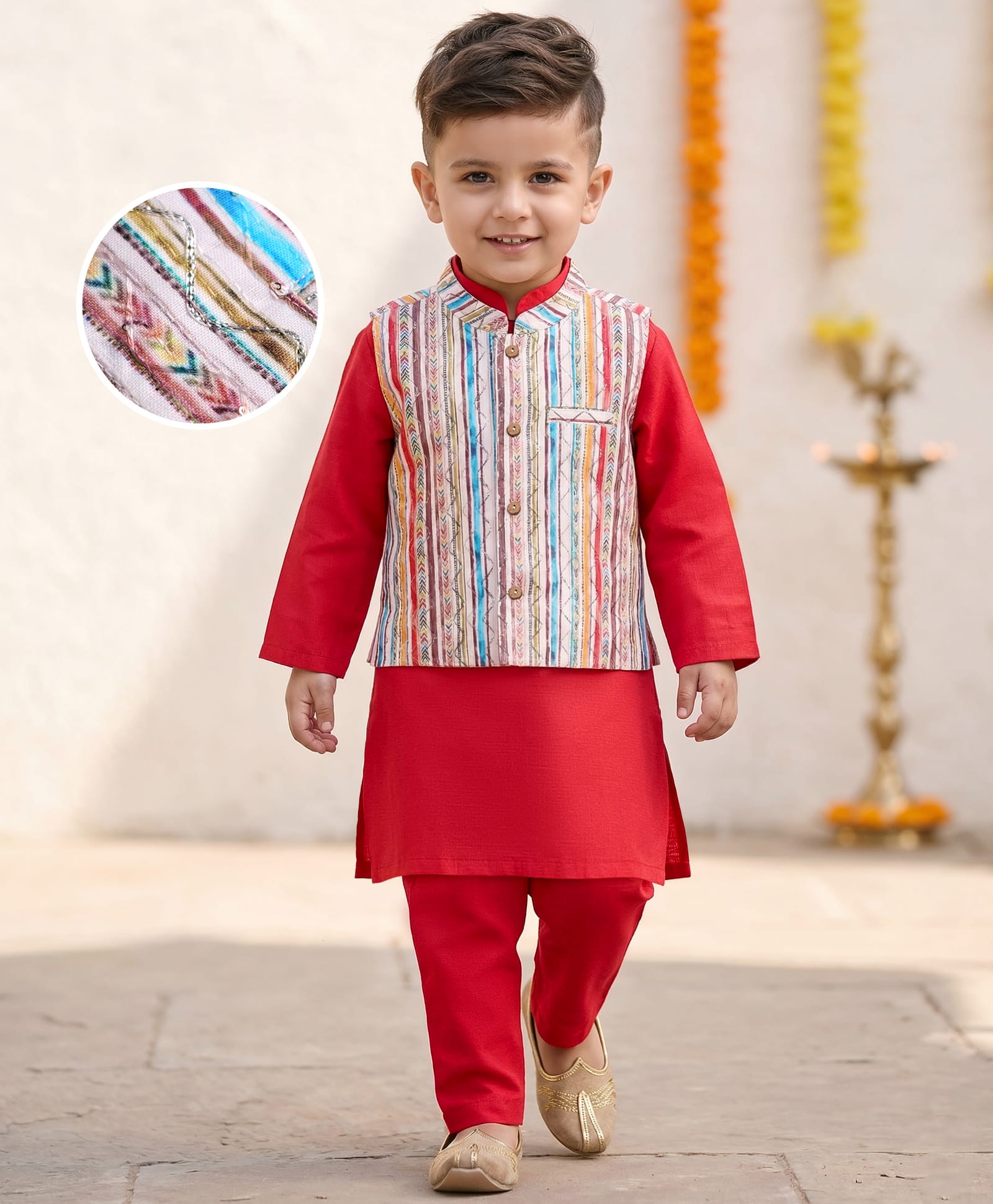 Babyhug Woven Full Sleeves Kurta Pajama Set With Printed Jacket - Red-image-32