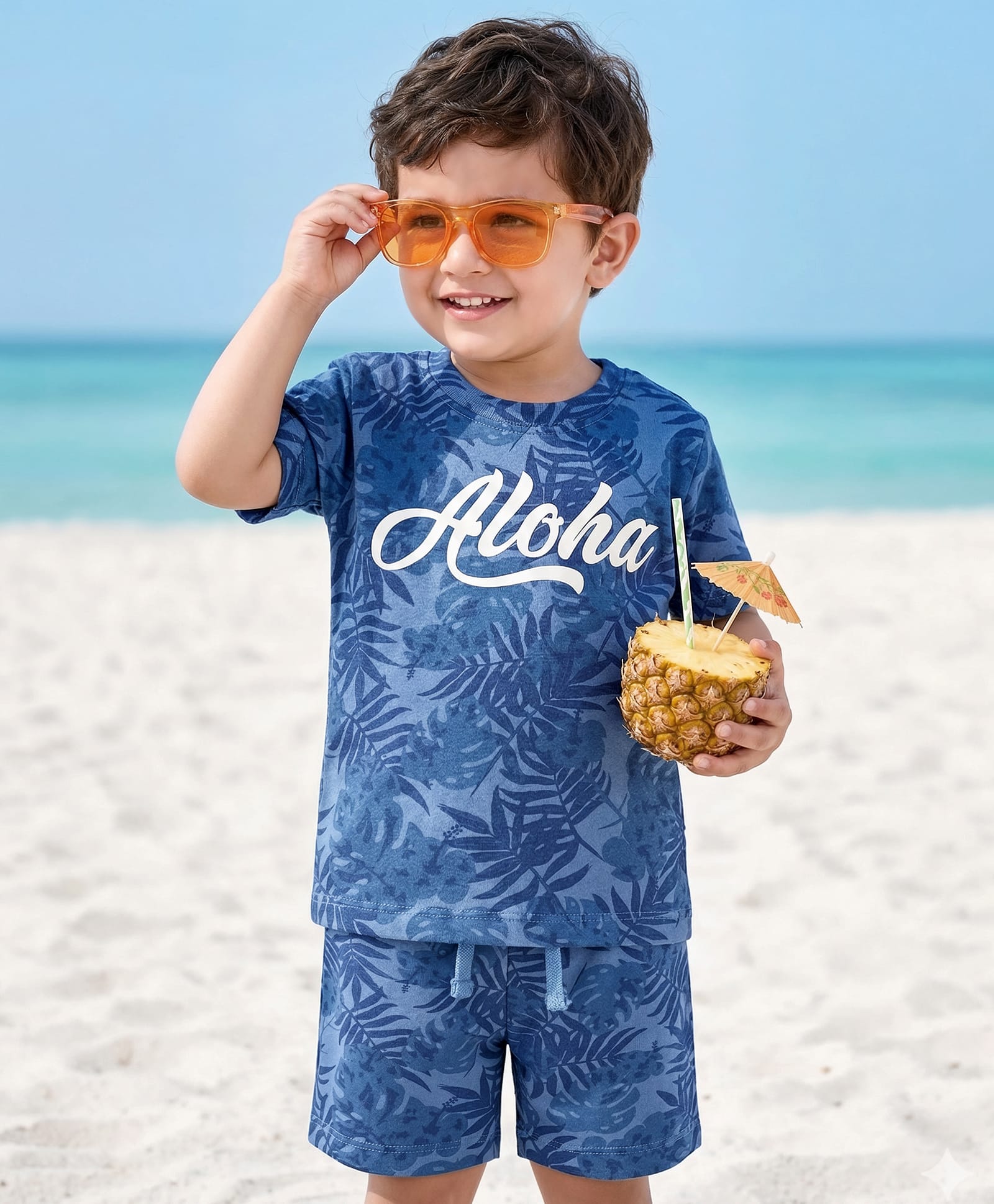 Babyhug Single Jersey Knit Half Sleeves T-Shirt & Shorts Co-Ord Set With Leaf Print - Blue-picture-25
