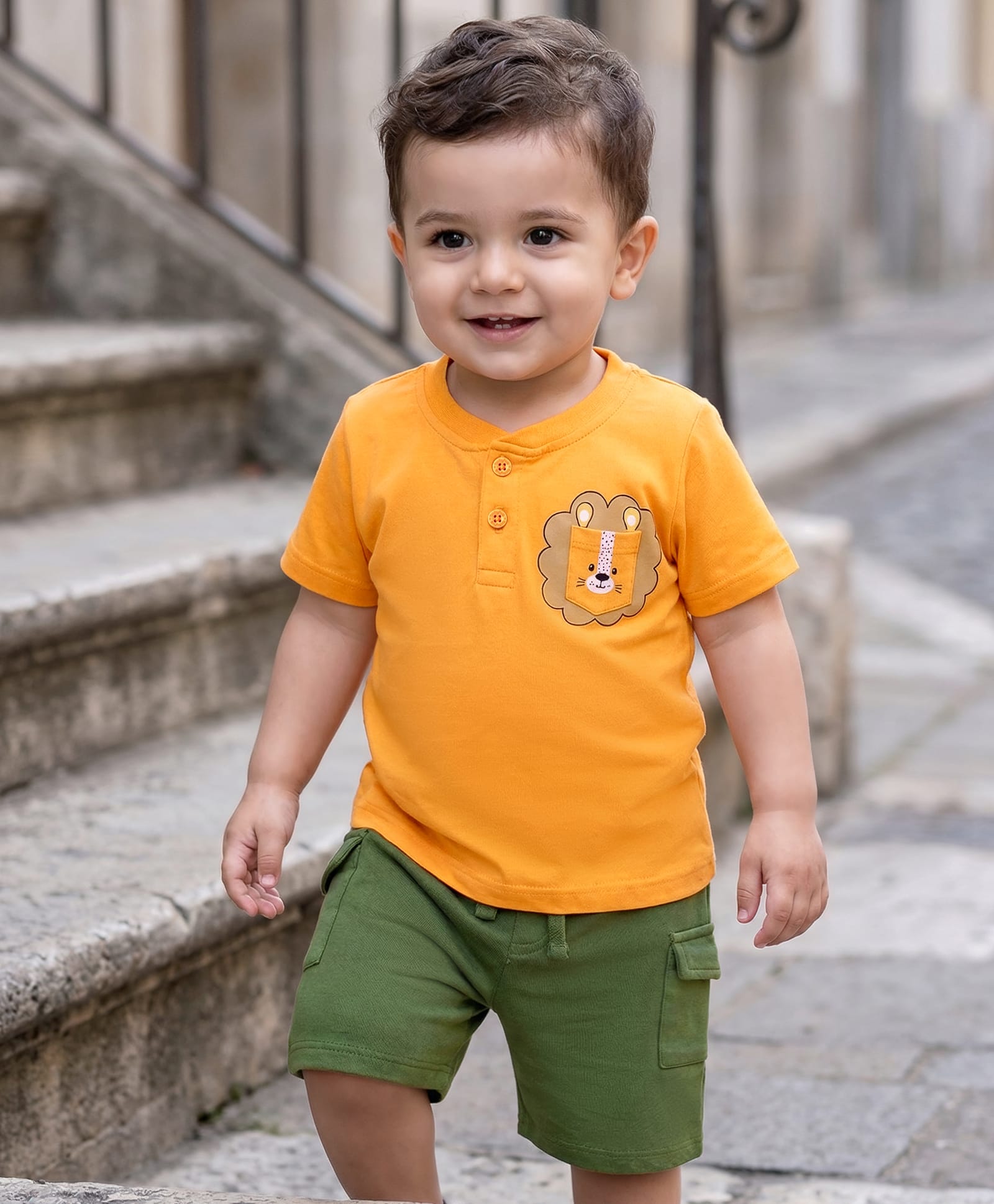 Babyhug Single Jersey Knit Half Sleeves T-Shirt & Shorts Set with Henley Neck Lion Print & Front Pocket - Mustard & Olive Green-image-34