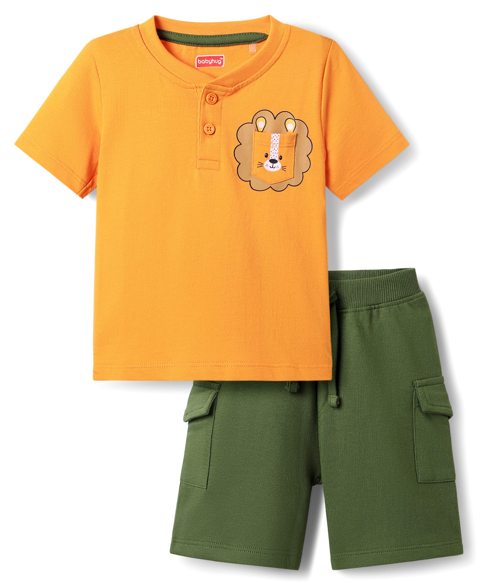 Babyhug Single Jersey Knit Half Sleeves T-Shirt & Shorts Set with Henley Neck Lion Print & Front Pocket - Mustard & Olive Green