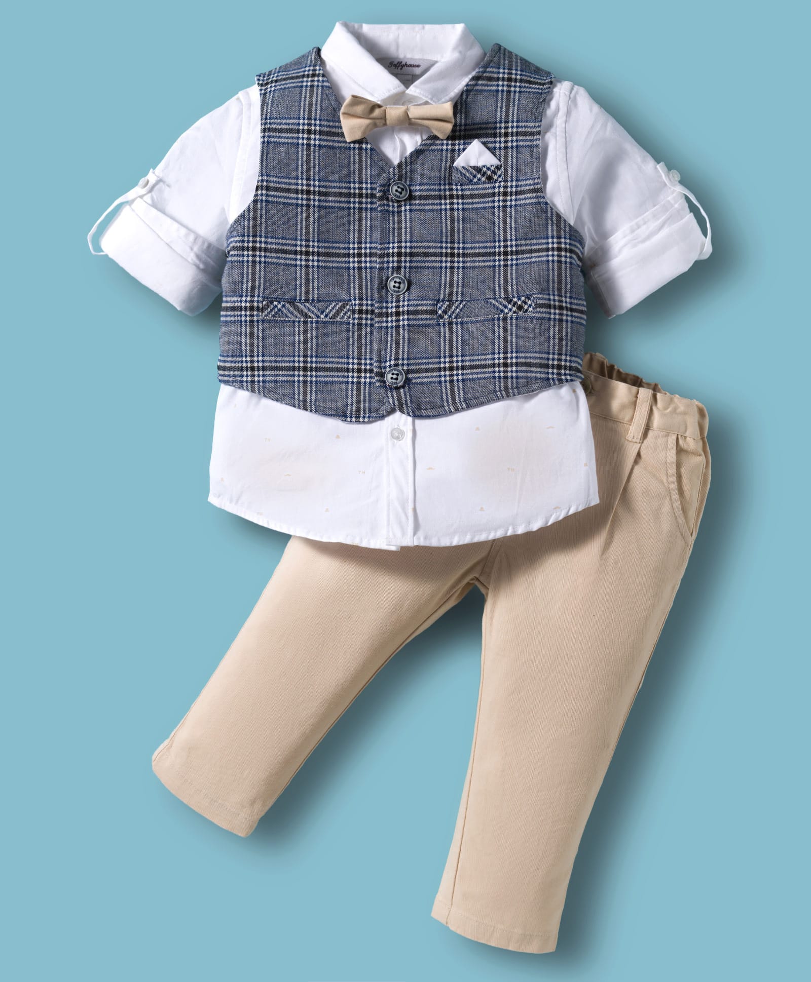 ToffyHouse Cotton Woven Full Sleeves Checkered 3 Piece Party Suit with Bow - Blue & Tan-image-18