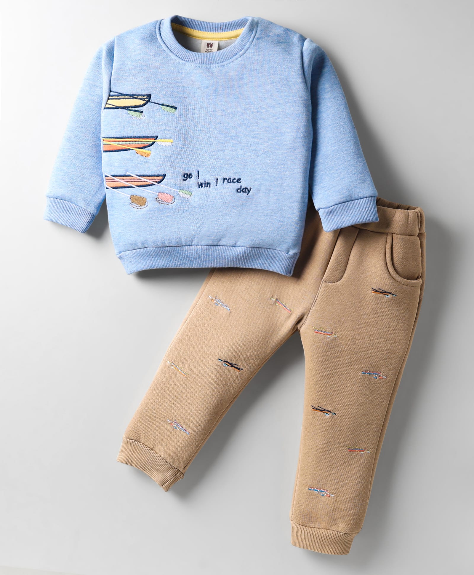 ToffyHouse Fleece Knit Full Sleeves Winter Wear Sweatshirt & Lounge Pant Set With Rowboat Embroidery - Royal Blue-image-16