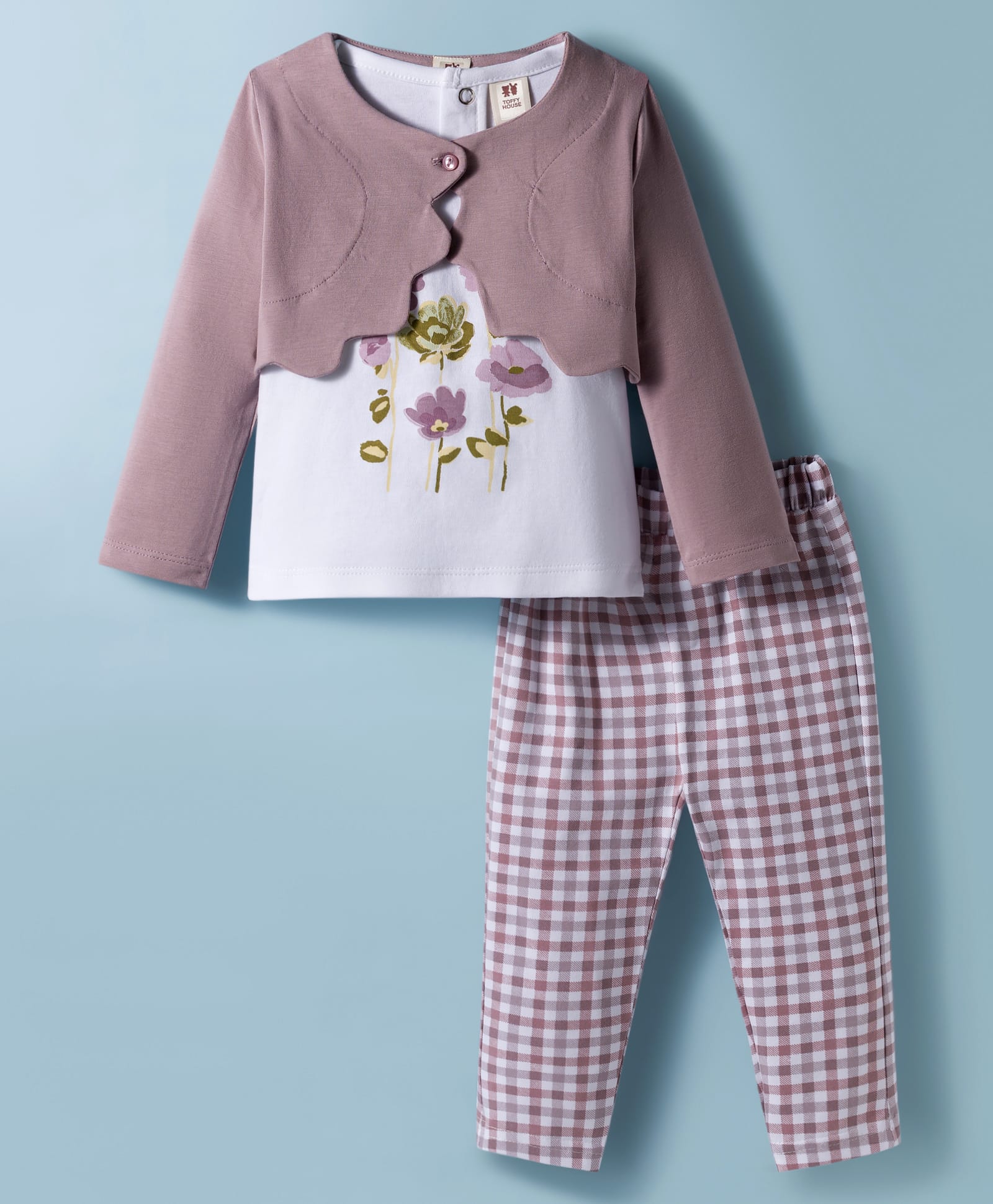 ToffyHouse Interlock Knit Floral Printed Top & Checkered Lounge Pant Set With Full Sleeves Shrug - Lavender-picture-8