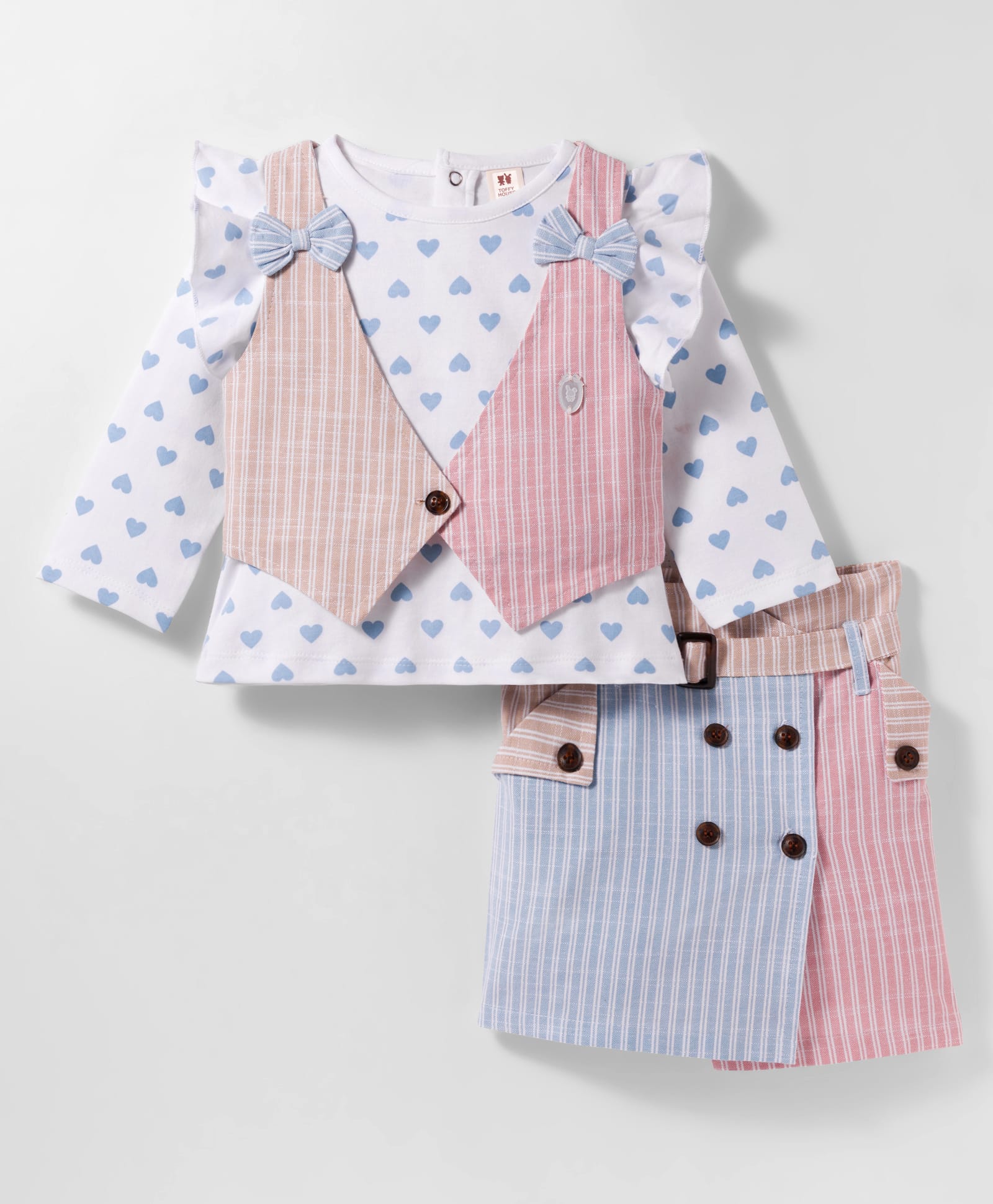 ToffyHouse Interlock Woven Full Sleeves Heart Printed Top & Skirt Set With Waistcoat Belt & Bow Applique - Multicolor-picture-19