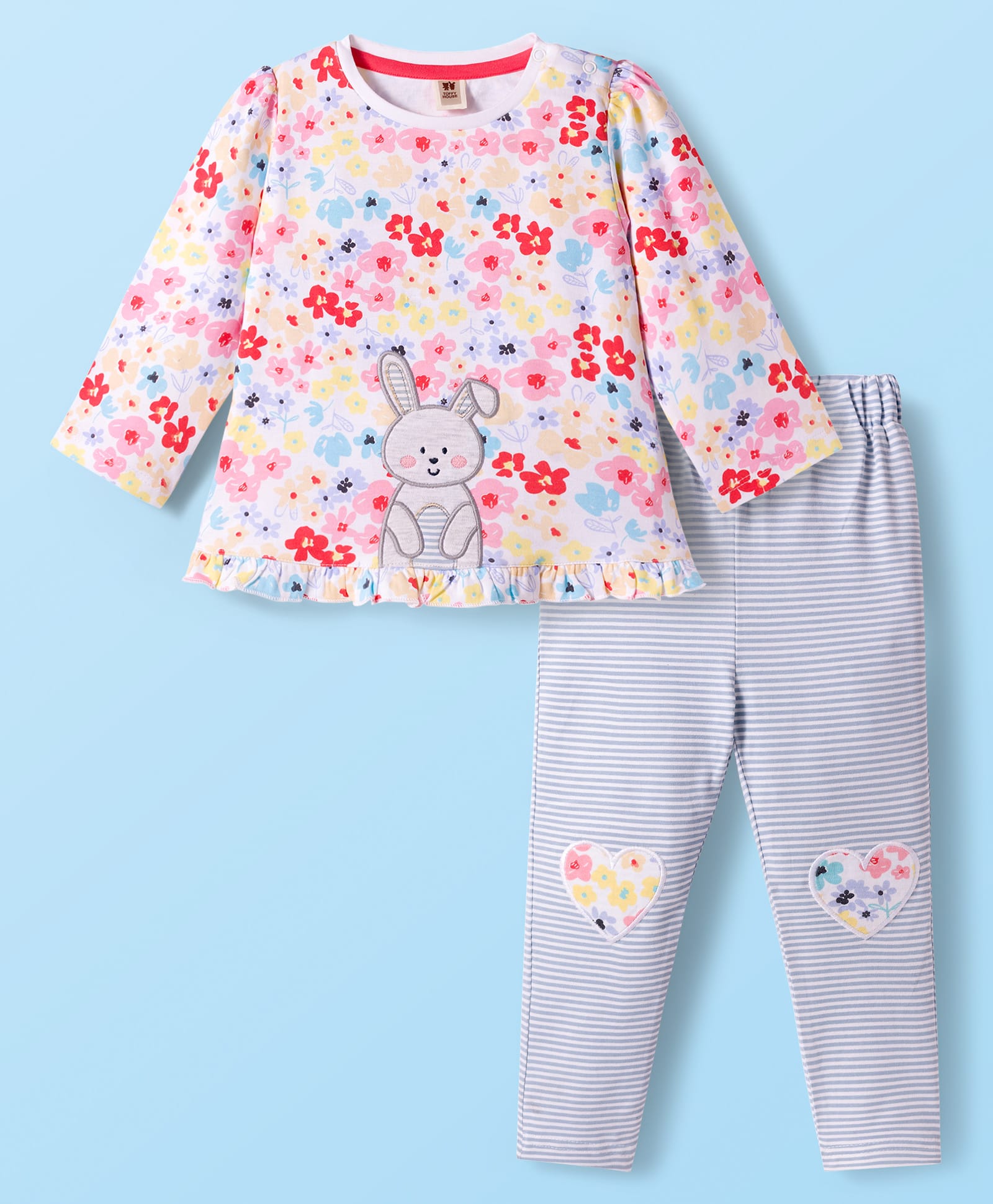 ToffyHouse Interlock Knit Full Sleeves Top & Lounge Pant Set With Floral Print & Bunny Patch - White & Grey
