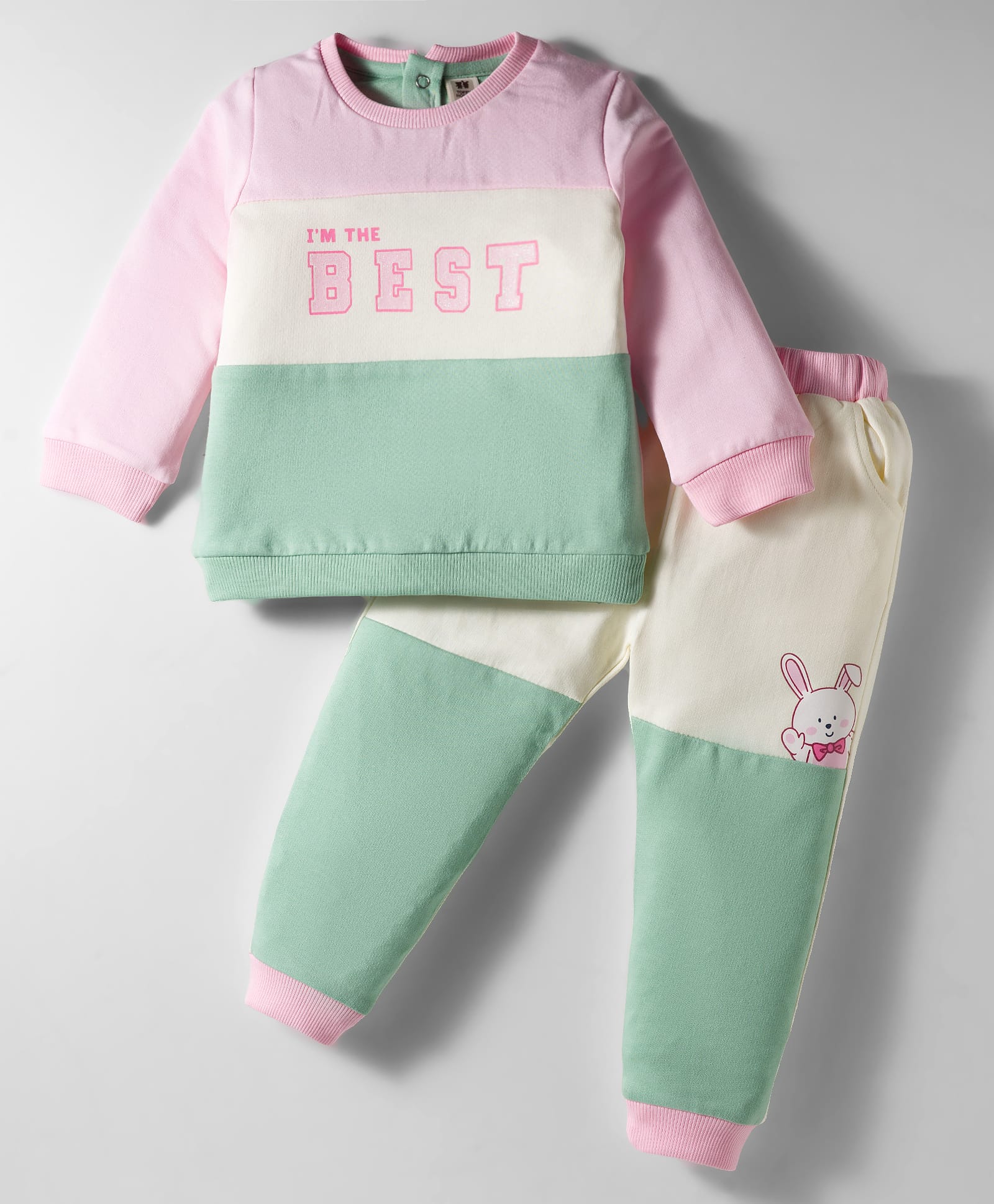 ToffyHouse 100% Cotton Knit Full Sleeves Text & Bunny Printed T-Shirt & Lounge Pants Set - Pink & Mint-image-16