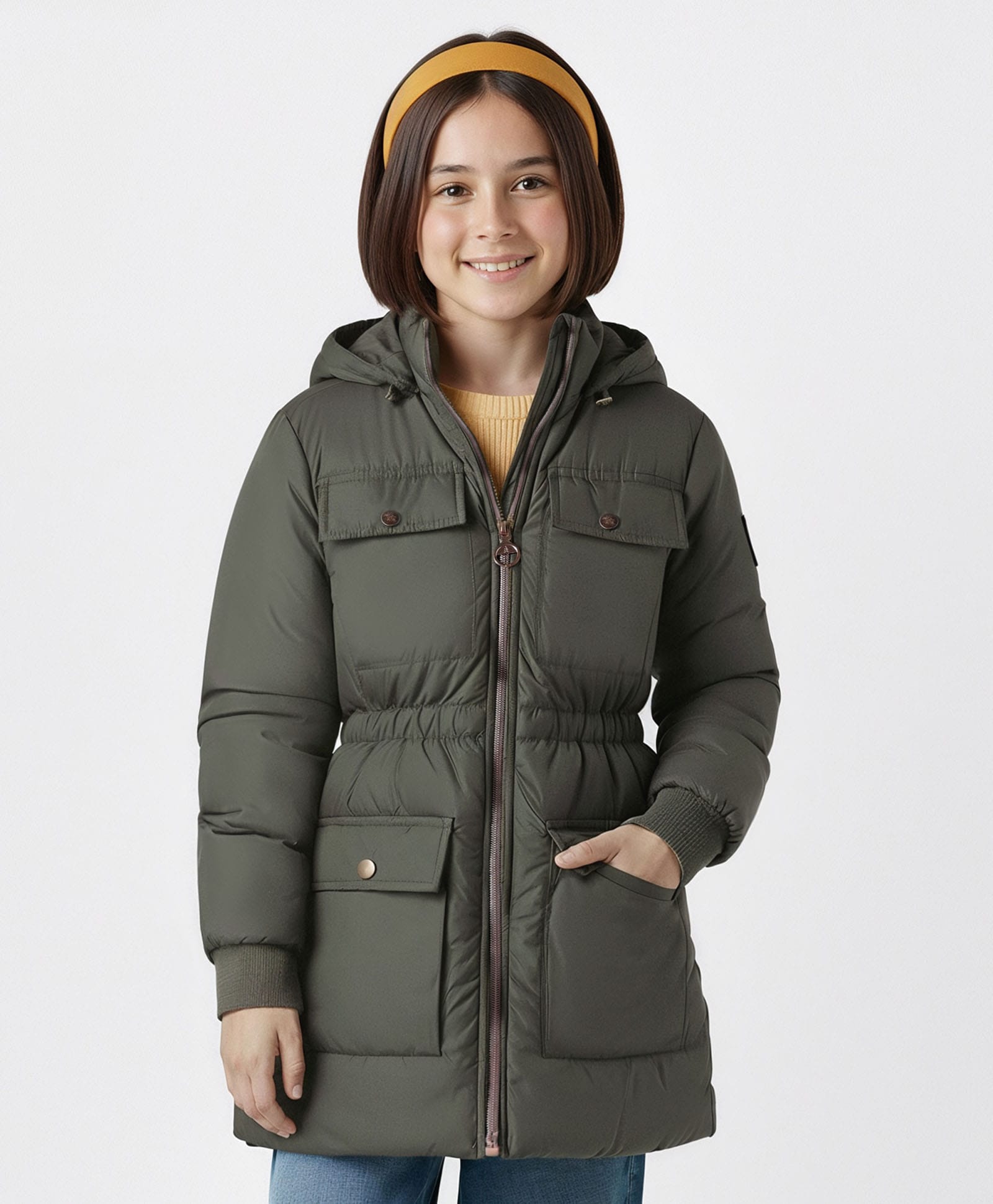Pine Kids Woven Full Sleeves Solid Hooded Padded Jacket - Olive Green-image-12