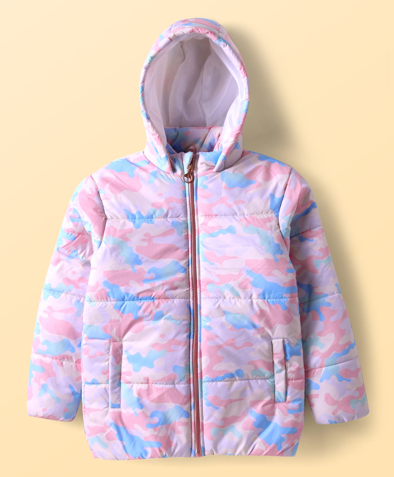 Pine Kids Woven Full Sleeves Hooded Padded Jacket with Camouflage Print & Pocket - Pink-picture-21