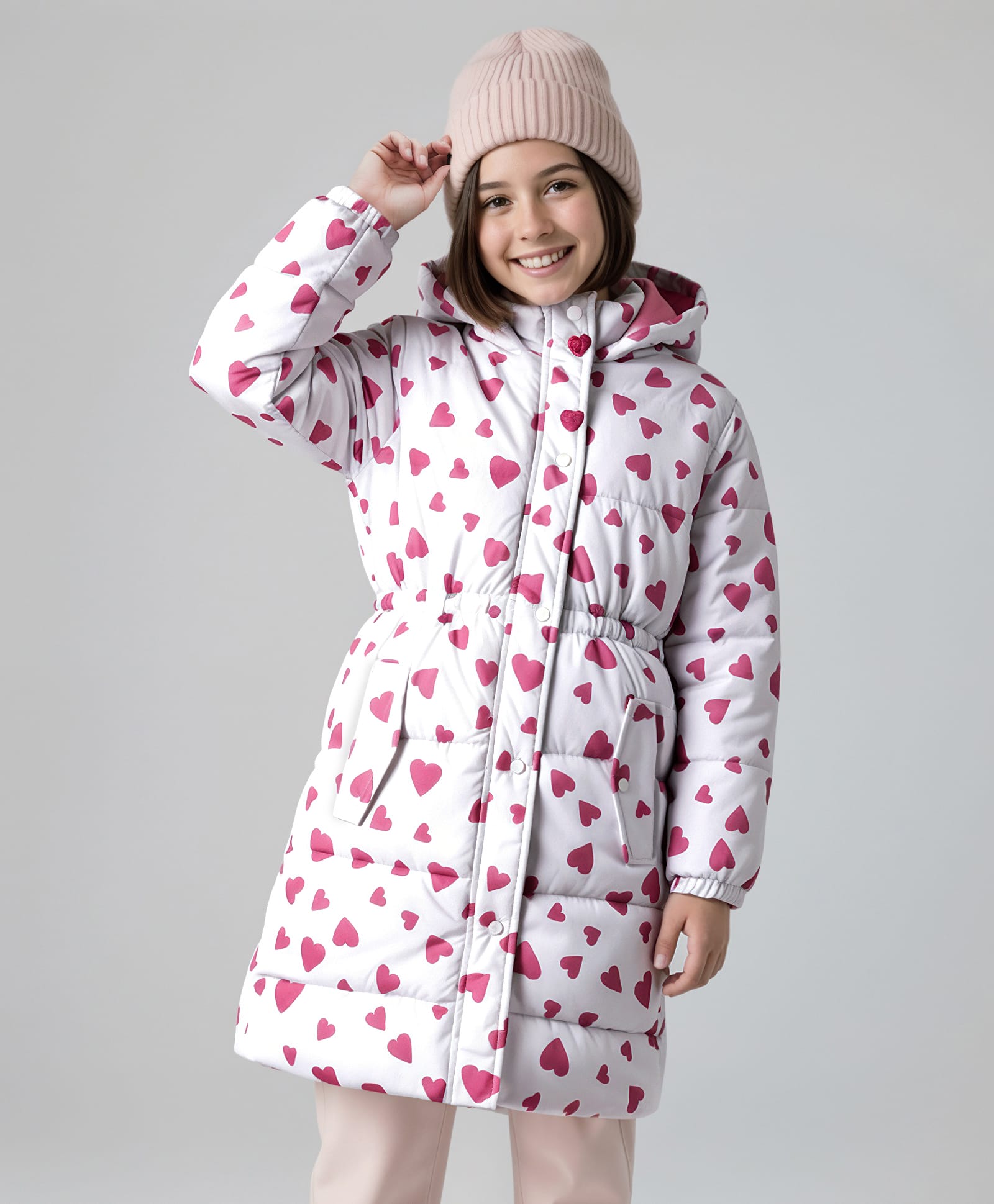 Pine Kids Woven Full Sleeves Hooded Padded Jacket With Heart Print - Pink-picture-18