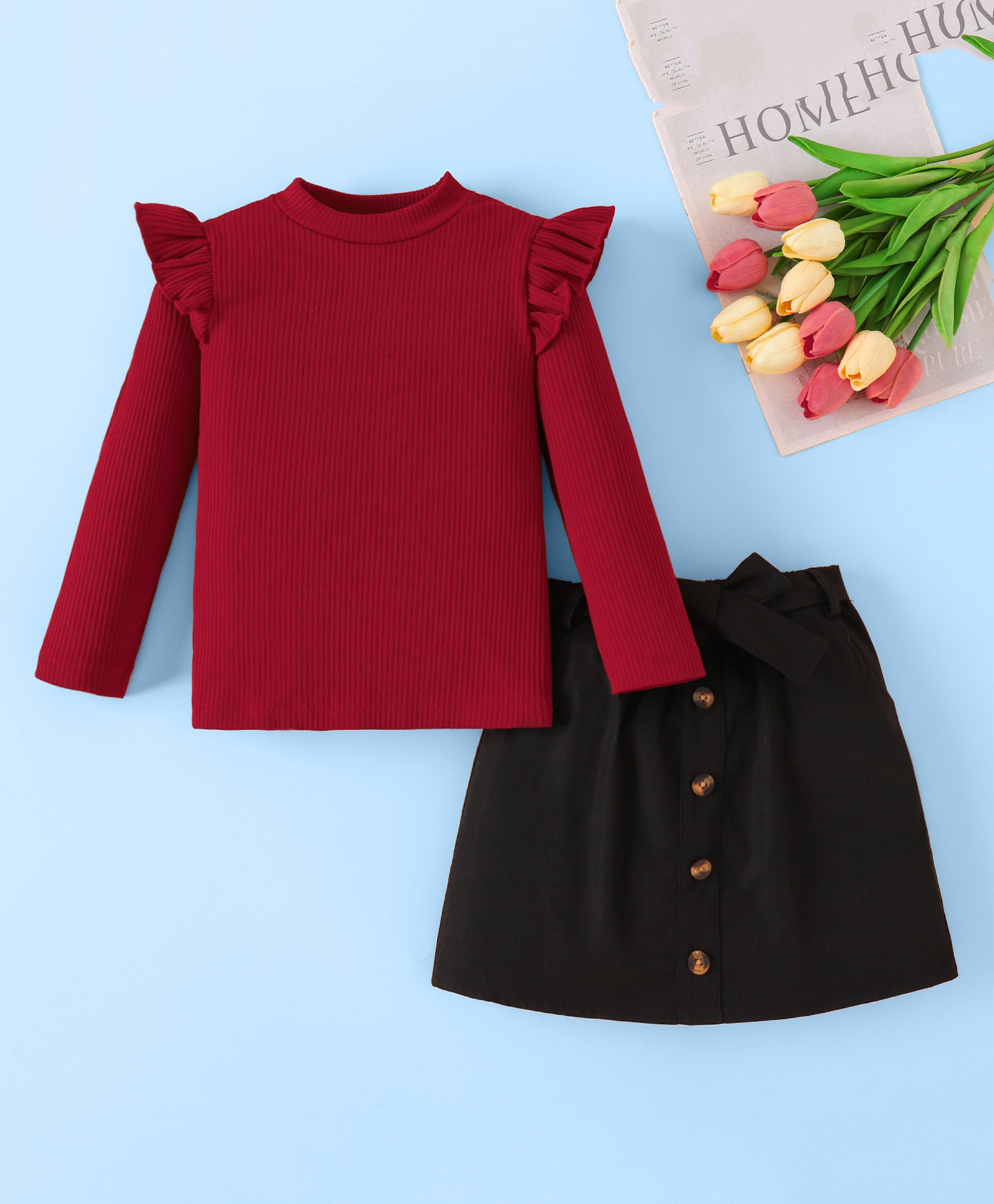 Mark & Mia Full Sleeves Solid Top and Skirt Set & Belt - Maroon & Black-image-16