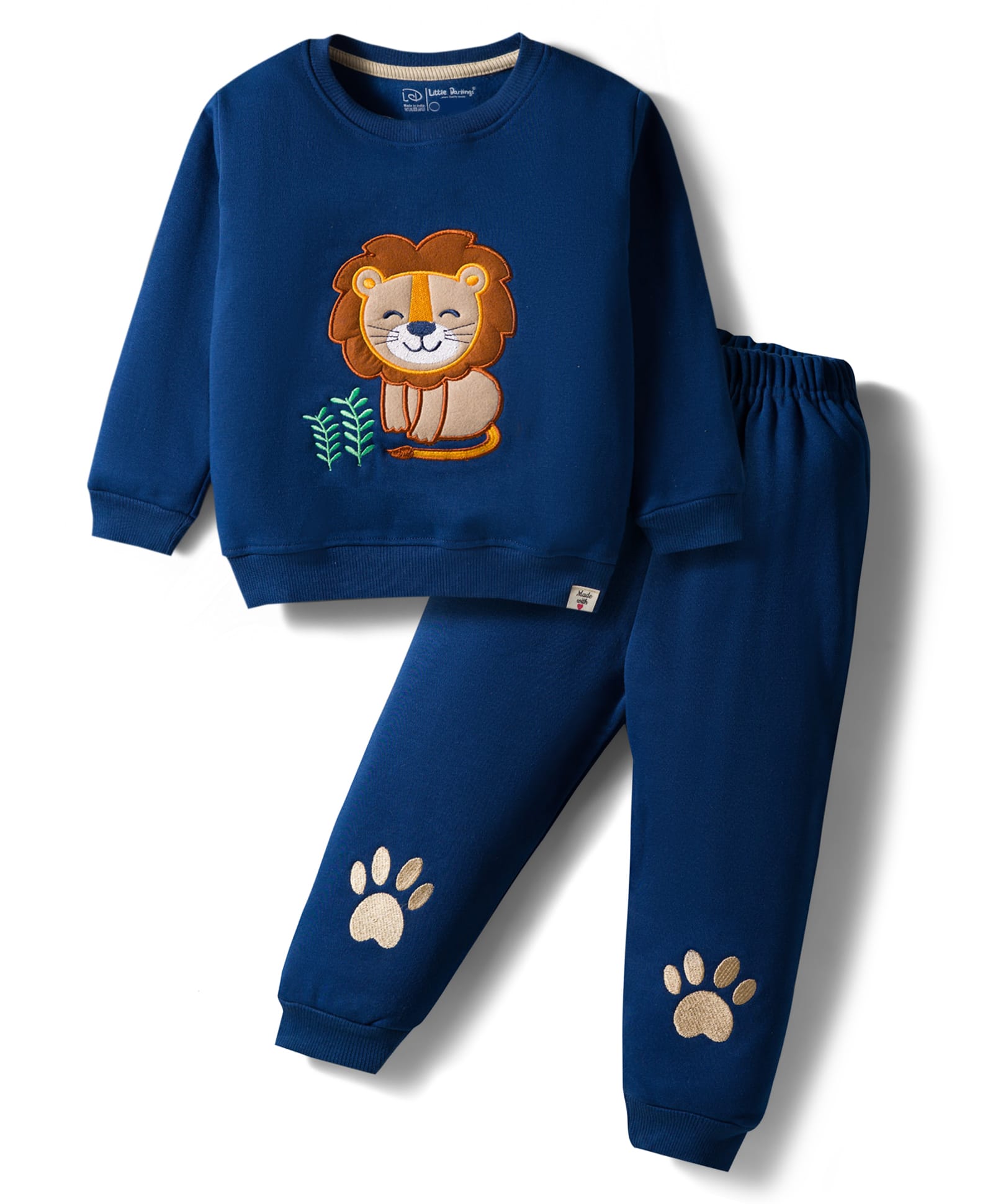 Little Darlings Fleece Knit Full Sleeves Winter Wear T-Shirt & Joggers Set With Lion Patch & Embroidery - Navy Blue-image-8