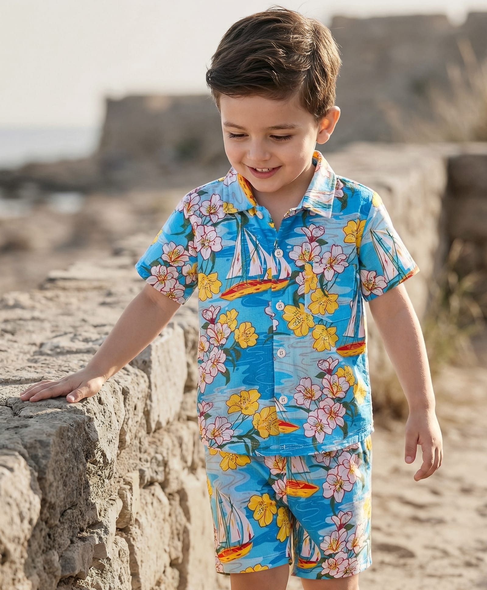 Babyhug Single Jersey Knit Half Sleeves Co-ords Shirt & Shorts Set with Beach Theme Print - Light Blue-picture-16