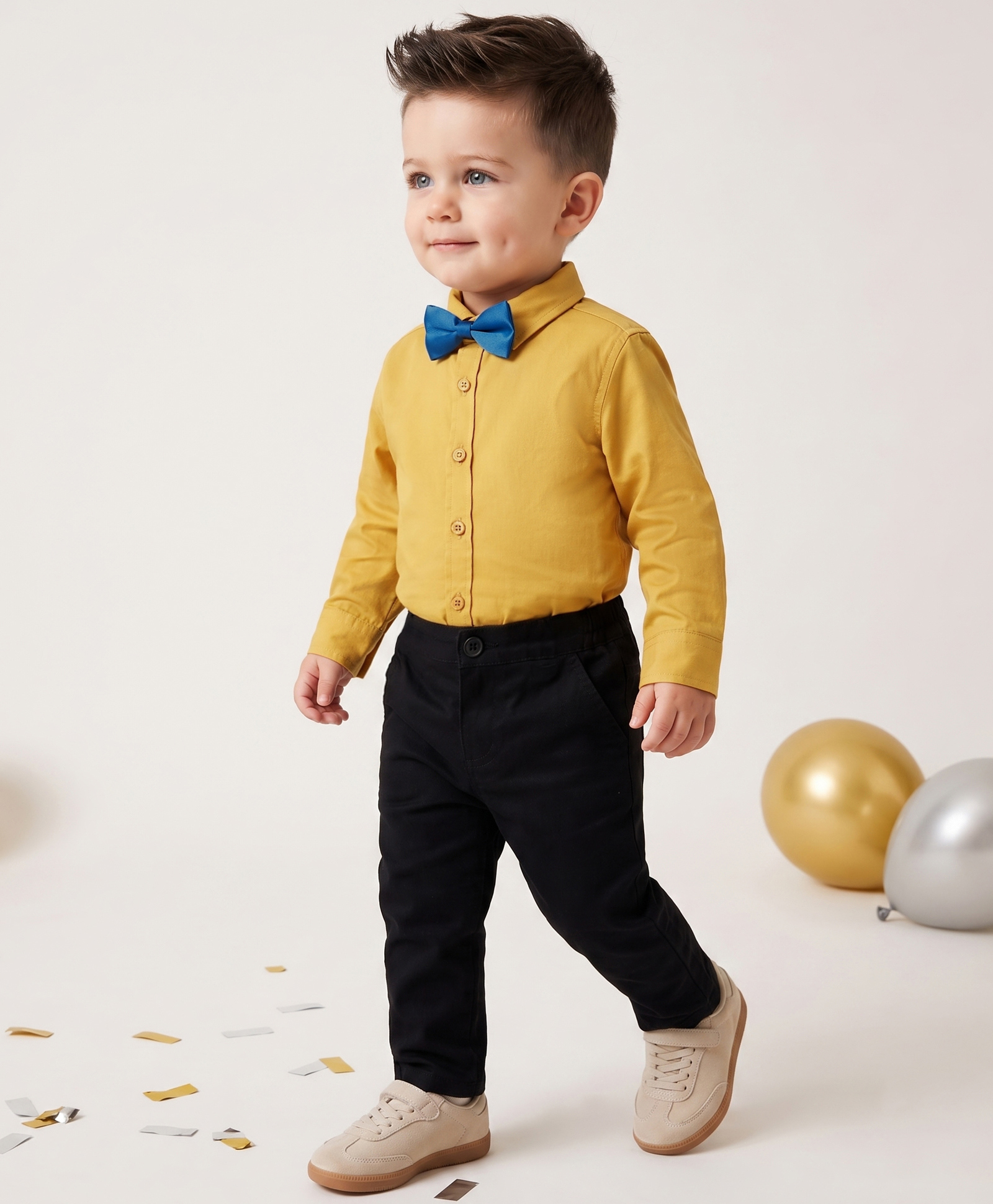 Babyoye 100% Cotton Woven Solid Full Sleeves Shirt & Bottom Set with Bow - Mustard Yellow & Black-image-12