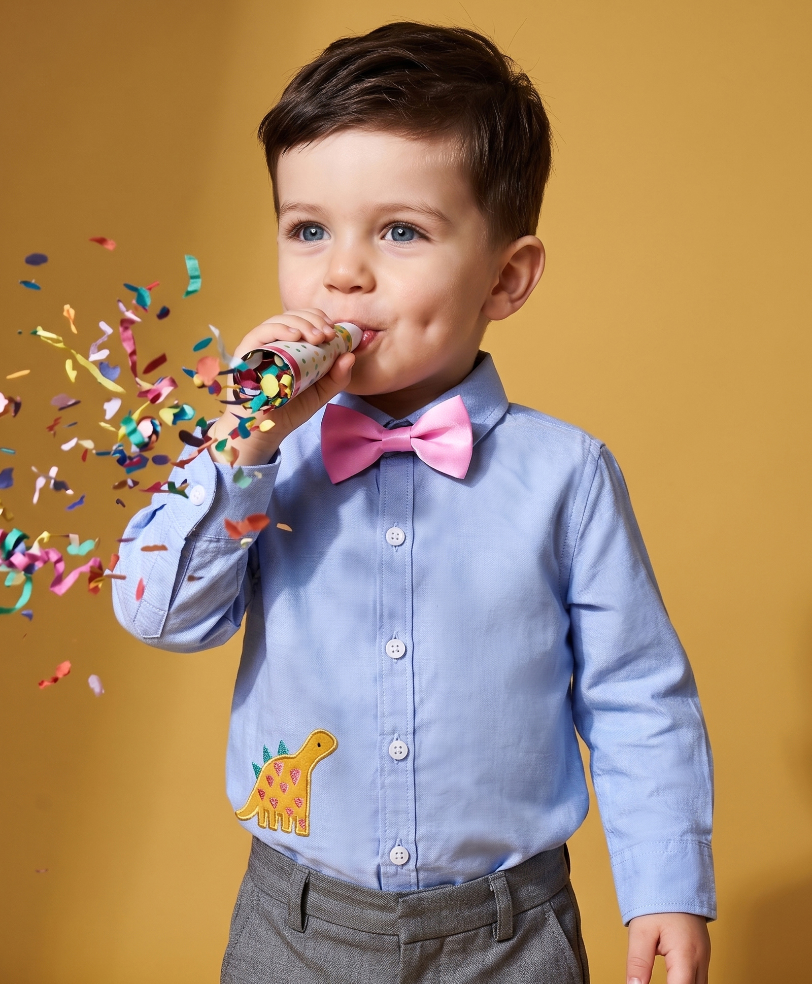 Babyoye 100% Cotton Woven Full Sleeves Party Shirt with Bow & Dino Embroidery - Light Blue-image-49