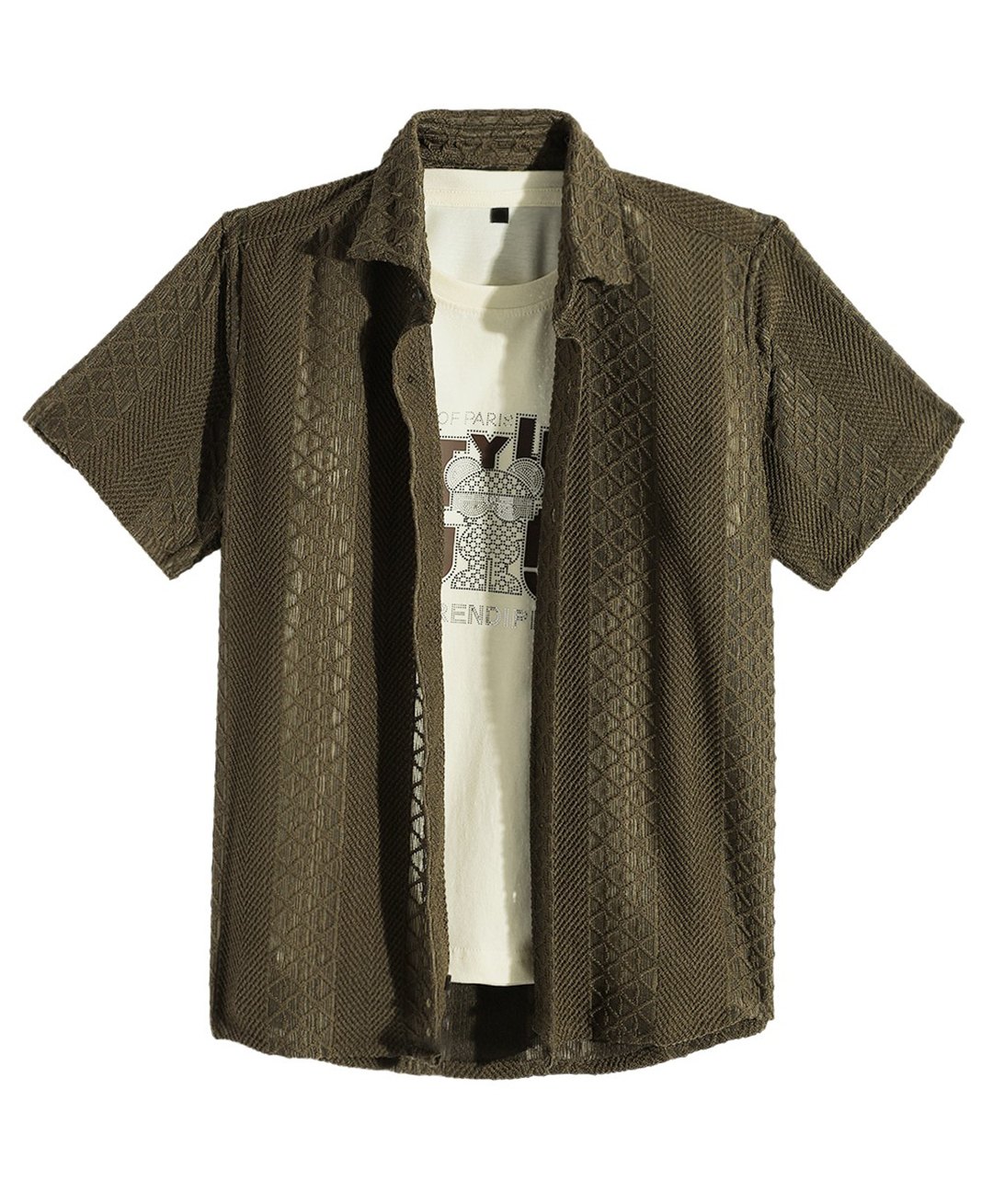 Charchit Cotton Blend Woven Half Sleeves Geometric Embroidered Shirt & Tee Set - Green-picture-28