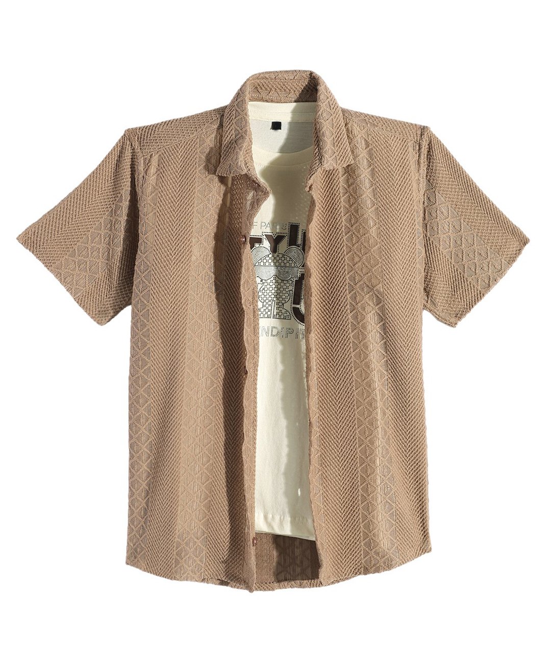 Charchit Cotton Blend Woven Half Sleeves Geometric Embroidered Shirt & Tee Set - Khaki-picture-27
