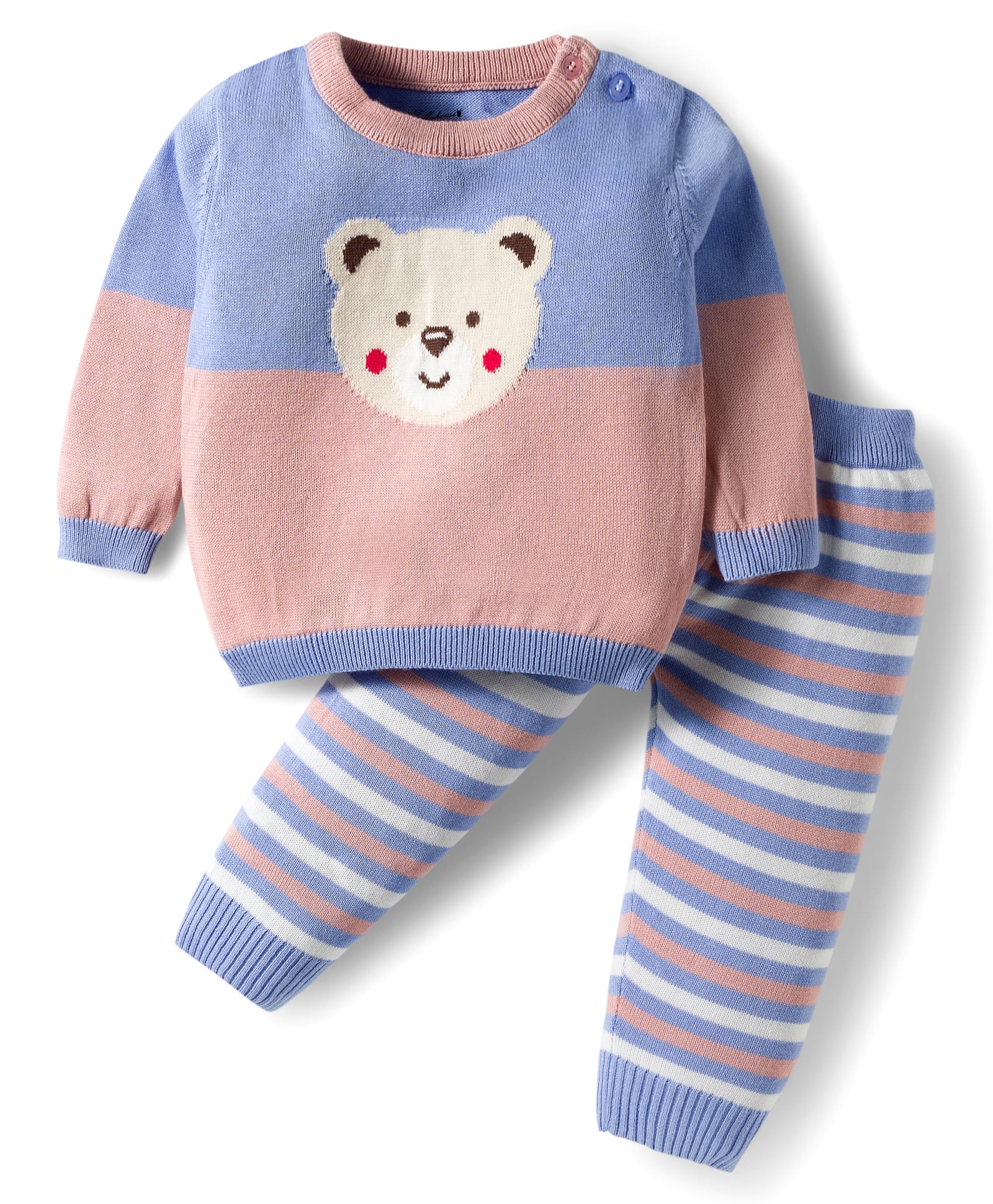ToffyHouse Knitted Cotton Full Sleeves Winter Wear Set With Stripes & Teddy Design - Light Pink & Lilac-picture-24