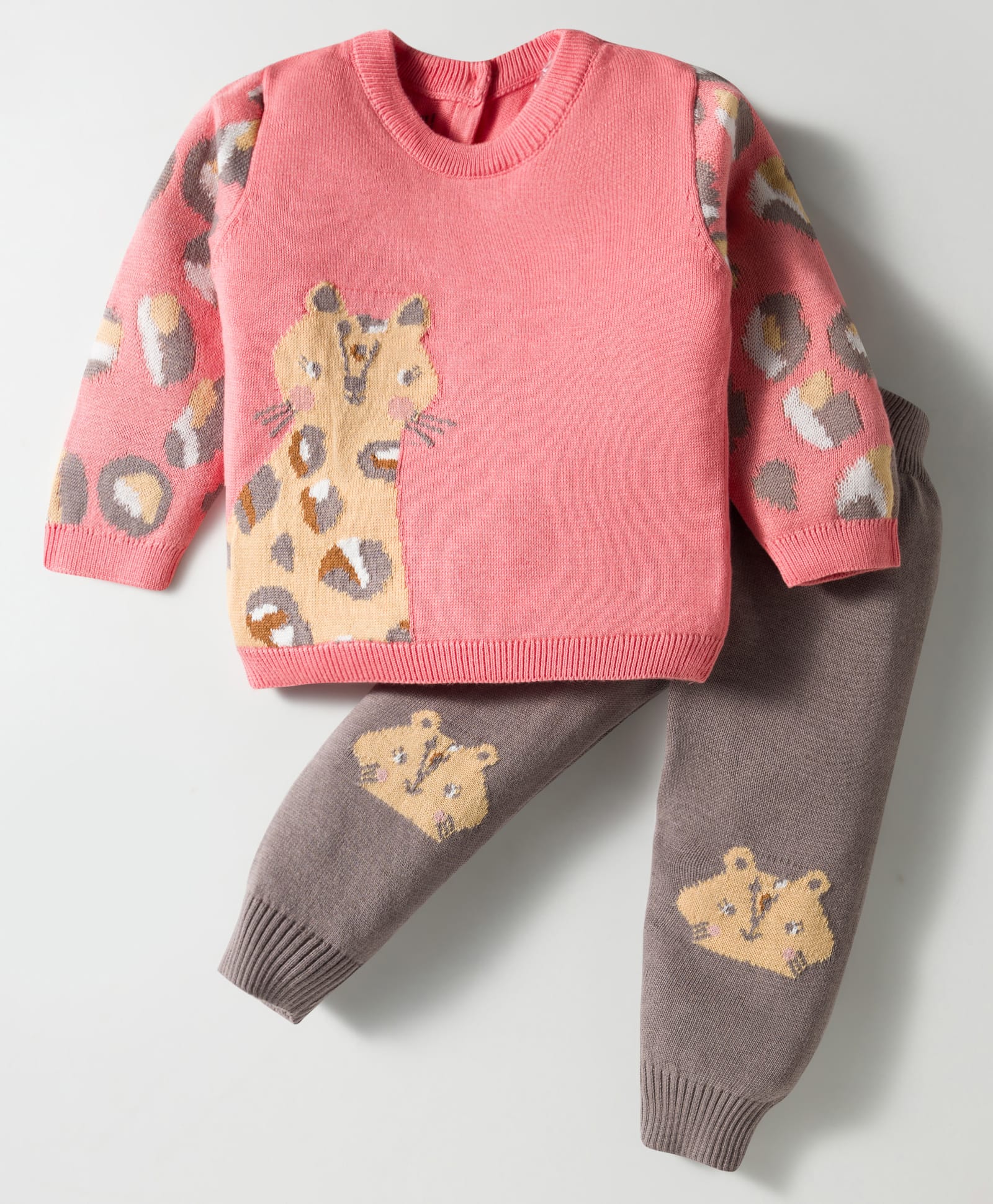 ToffyHouse Knitted Cotton Full Sleeves Winter Wear Suit With Animals Print - Light Red & Brown-image-34