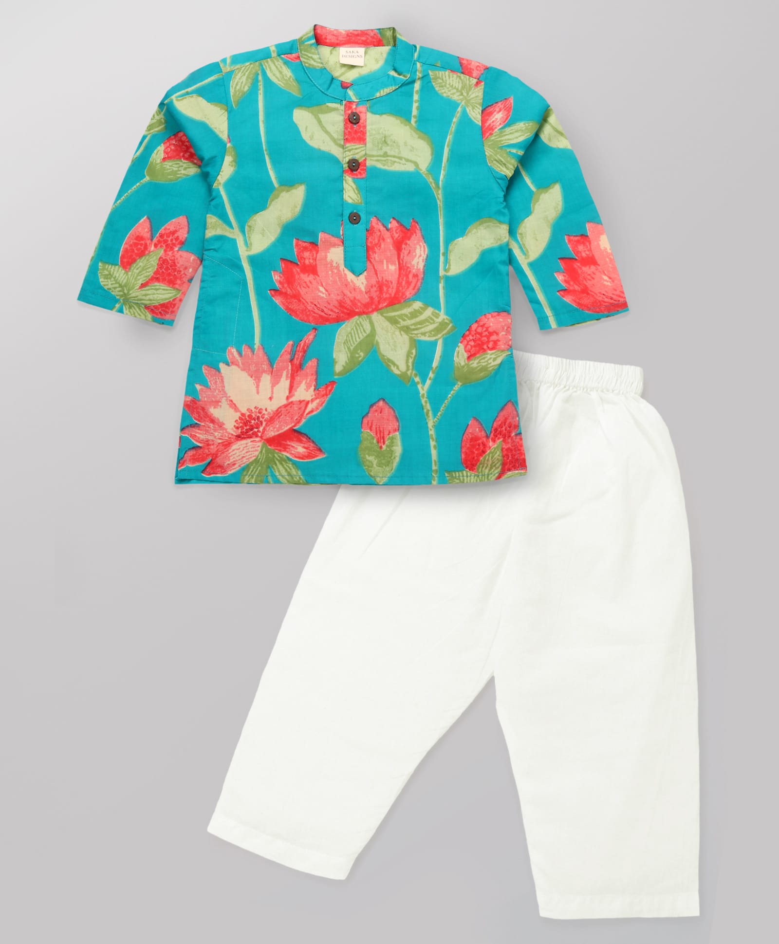 Saka Designs Cotton Woven Full Sleeves Floral Printed Kurta & Pyjama Set - Teal Blue-picture-26