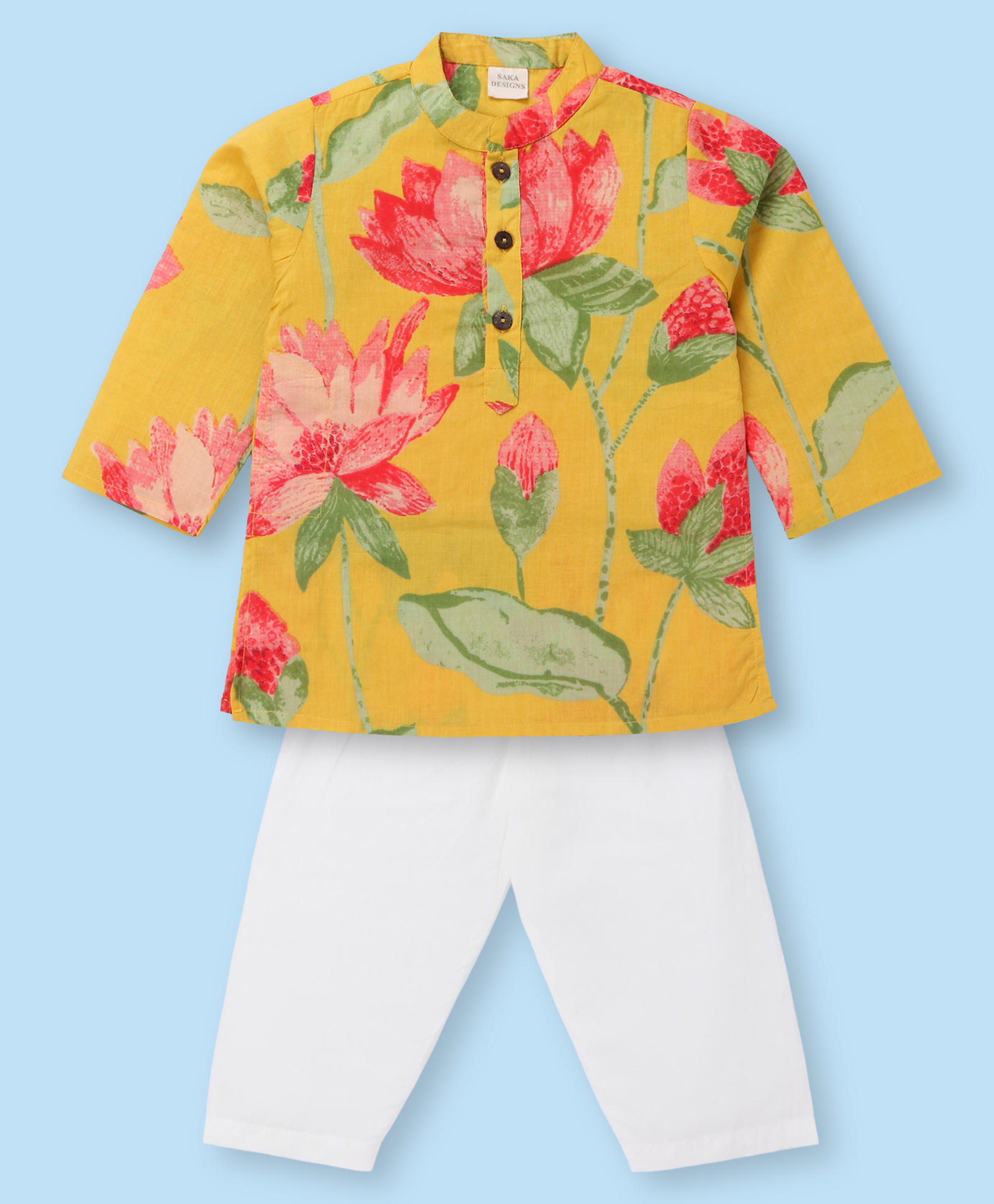 Saka Designs Cotton Woven Full Sleeves Floral Printed Kurta & Pyjama Set - Yellow-picture-17