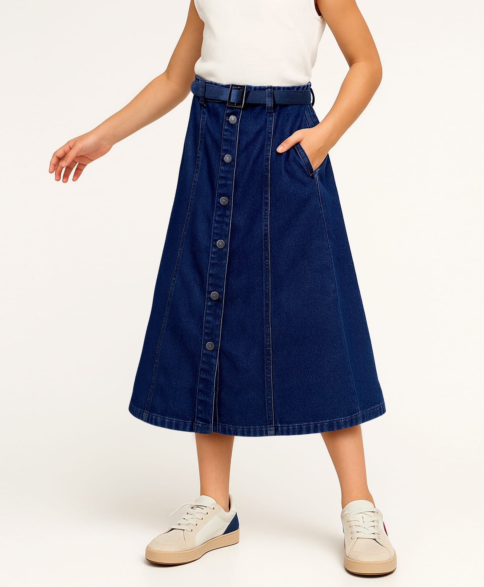 arias by lara dutta Arias Cotton Lycra Mid Calf Length Dark Washed Skirt With Stretch & Belt - Navy Blue-picture-11