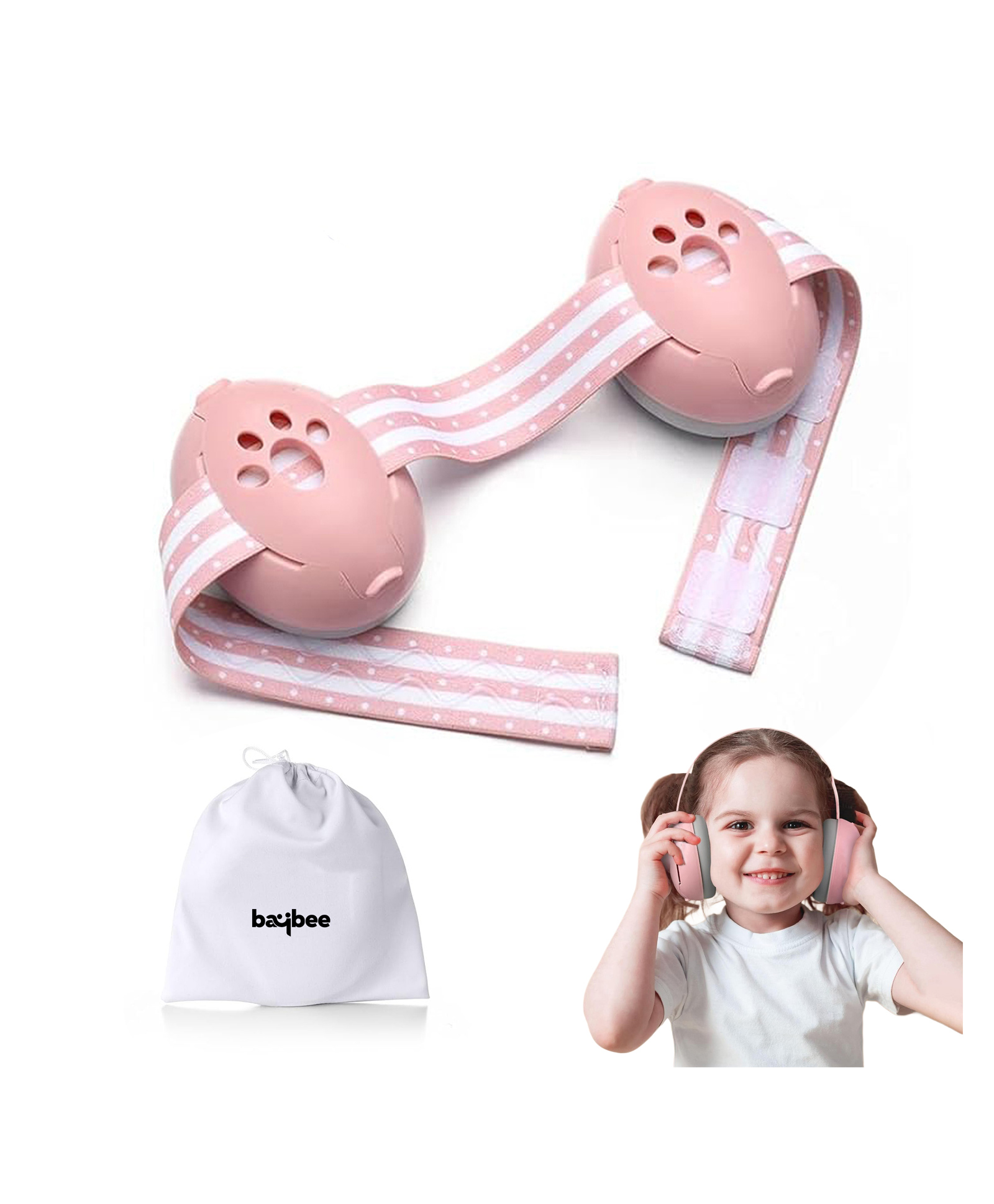 BAYBEE 2 in 1 Noise Cancellation Ear Muffs for Kids | Infant Ear Protector for Babies with 3 Adjustable Lengths & 25db Noise Reduction | Snug Fit Baby Earpads for Sleeping with Silicone Strap (Pink)