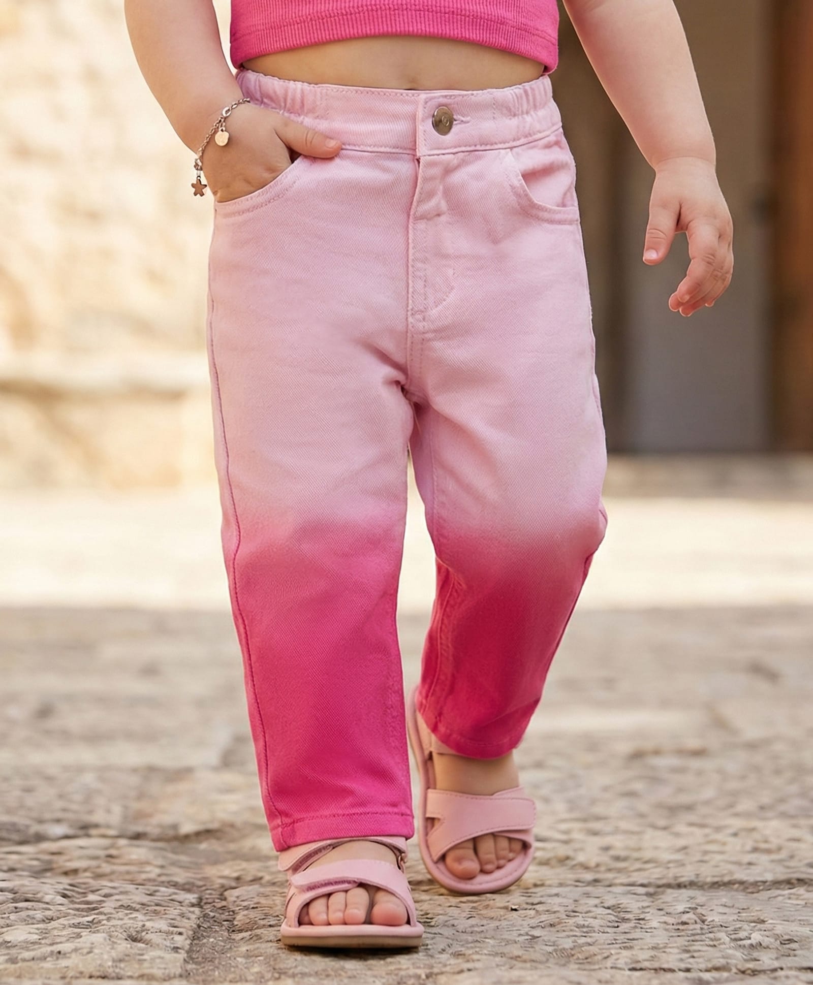 Babyoye Cotton Spandex Woven Full Length Solid Color Jeans - Pink-image-22