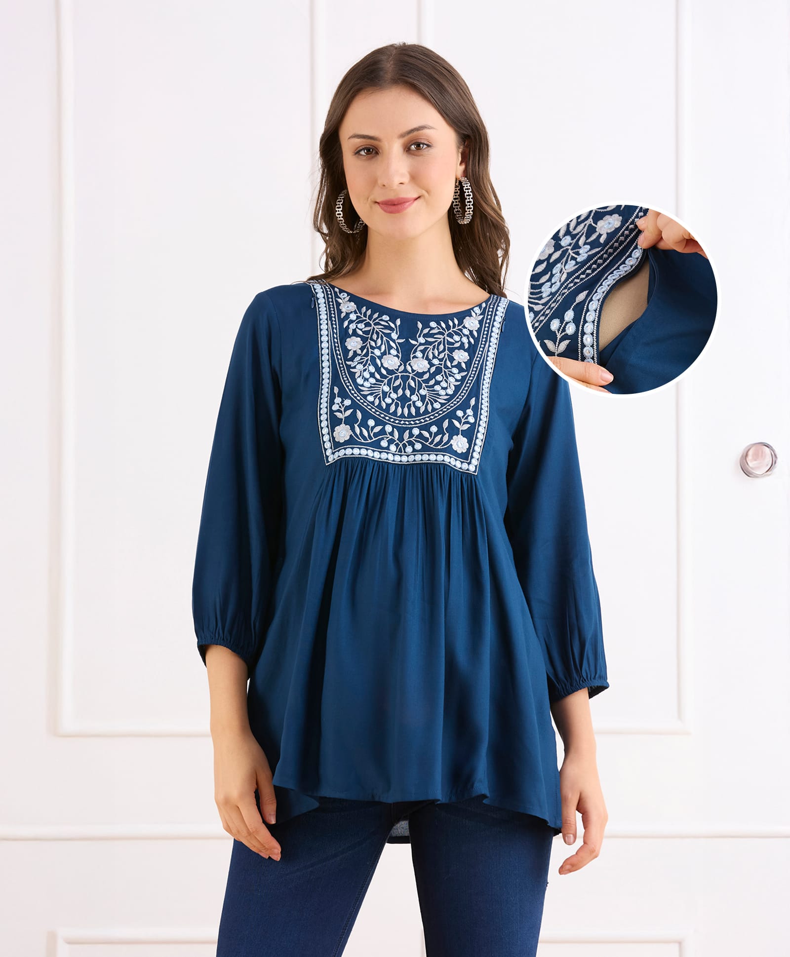 Bella Mama Woven Three Fourth Sleeves Maternity Top With Floral Embroidered Yoke - Navy Blue