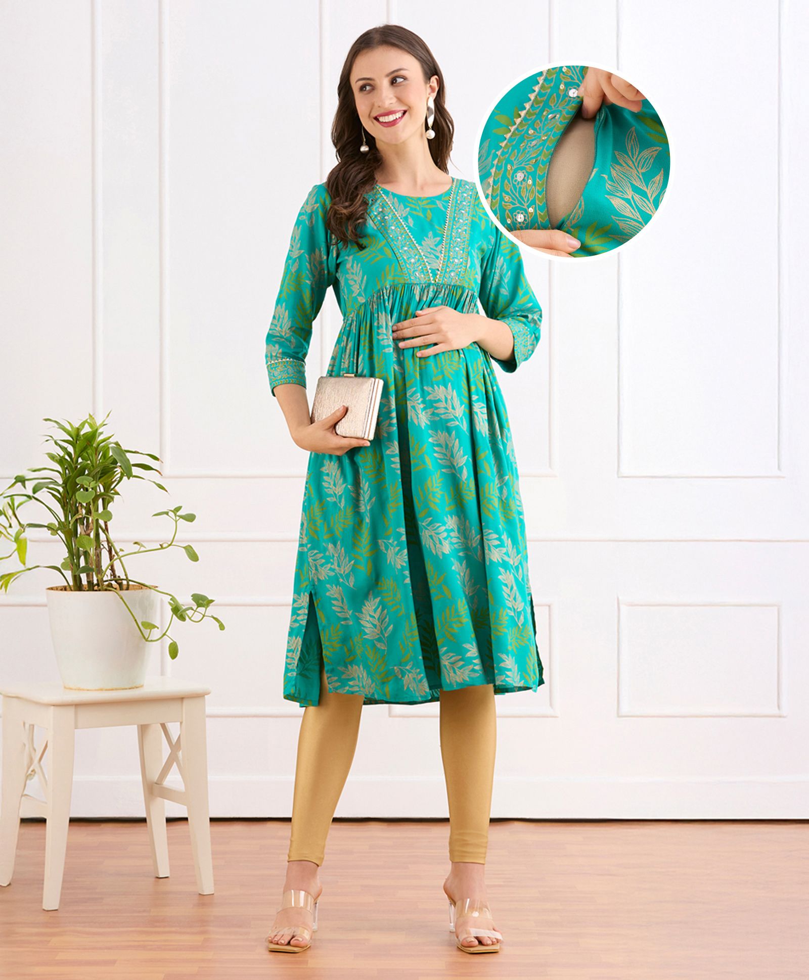 Bella Mama Viscose Woven Three Fourth Sleeves Ethnic Maternity Kurta With Leaf Print - Green