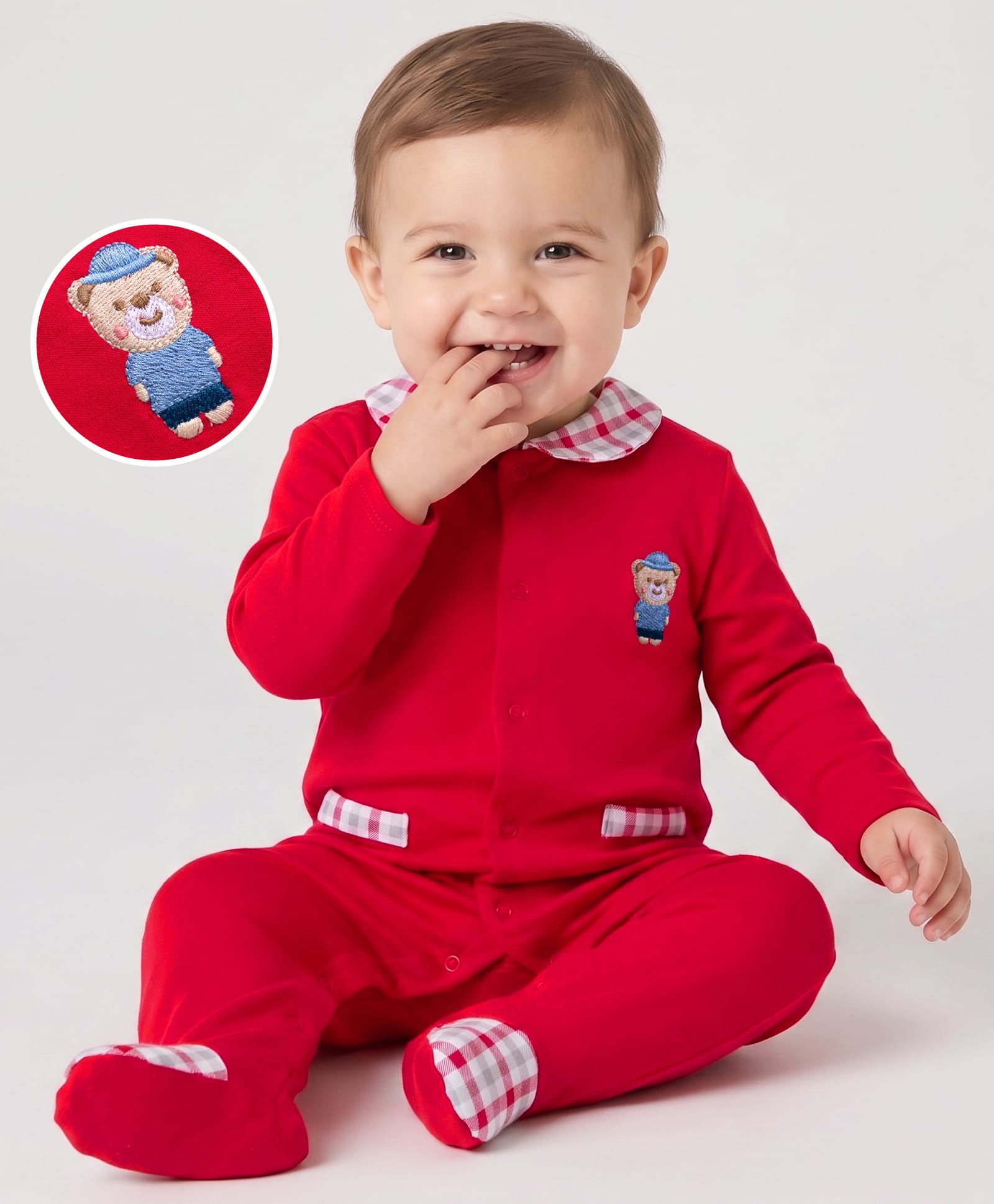 ToffyHouse Interlock Knit Full Sleeves Bear Embroidered Front Open Footed Sleepsuit -Dark Red-image-34