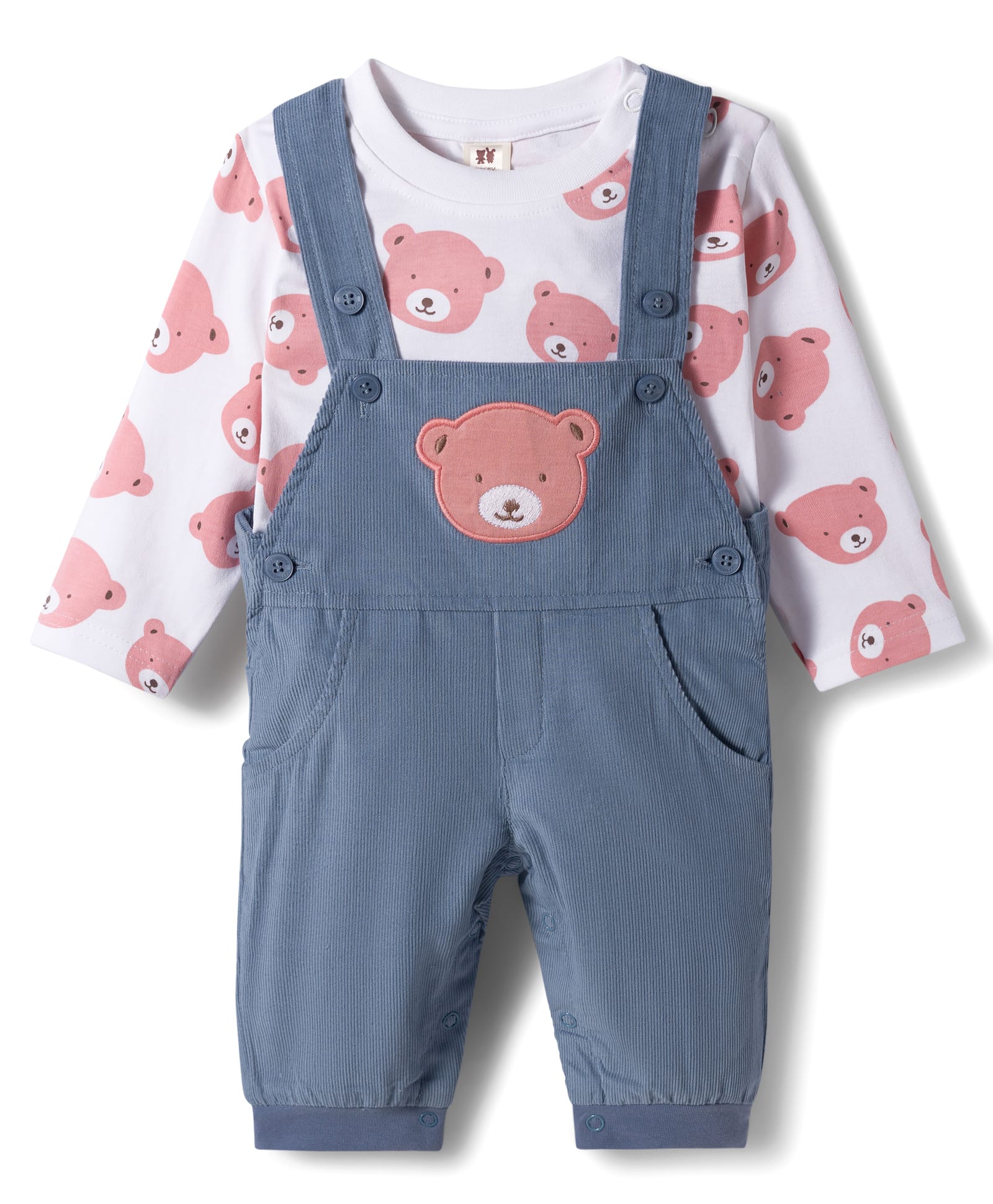 ToffyHouse Knitted Dungaree Style Romper & Full Sleeves T-Shirt with Bear Patch - White & Blue-picture-14