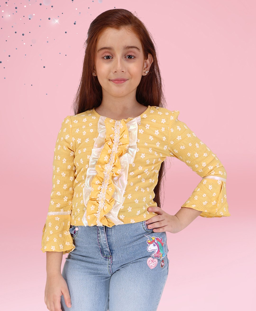 Cutecumber Woven Three Fourth Bell Sleeves Floral Printed Lace Detailed Top - Yellow-picture-11