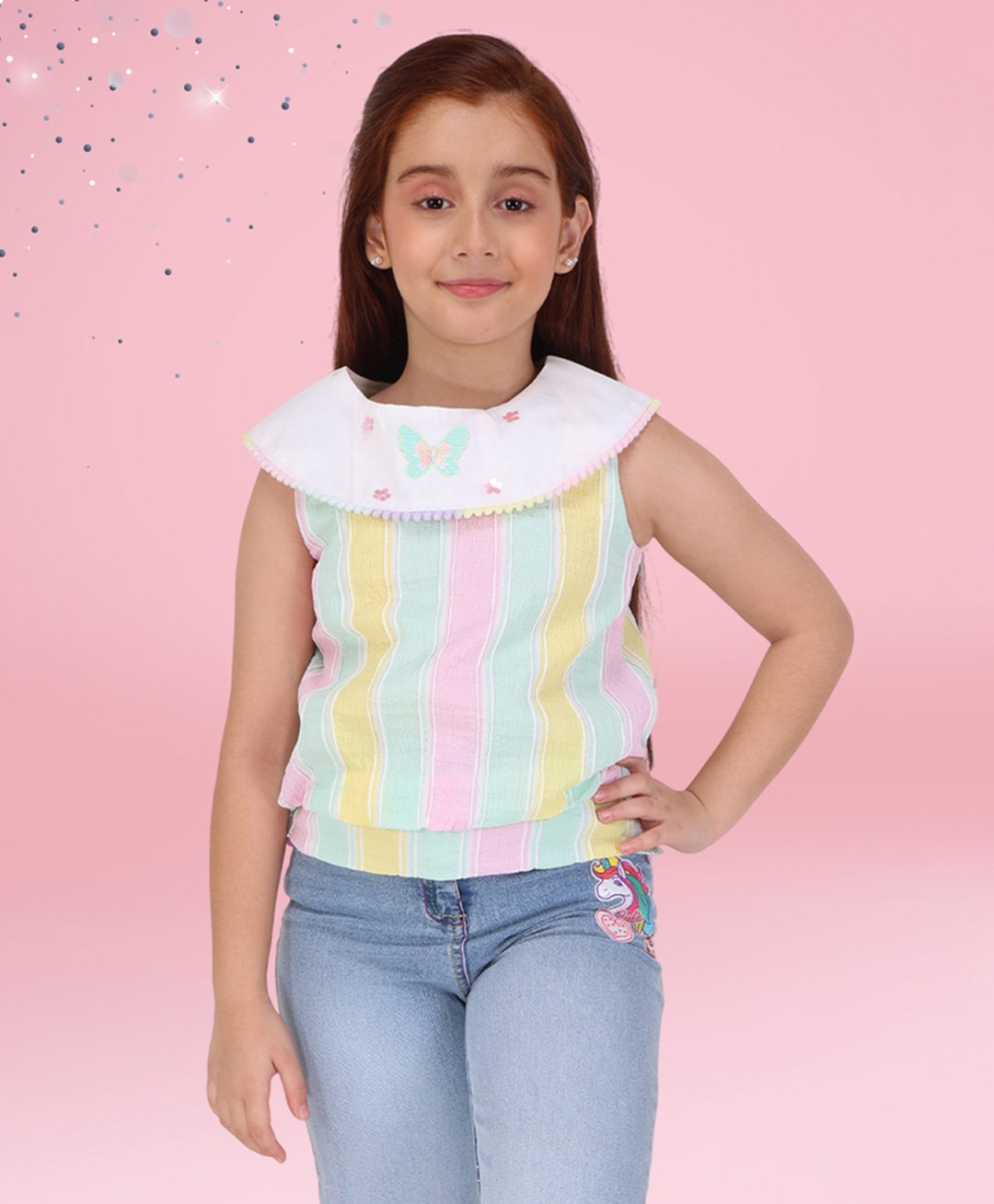 Cutecumber Woven Sleeveless Striped Butterfly Patch & Lace Detailed Top - Green-image-40