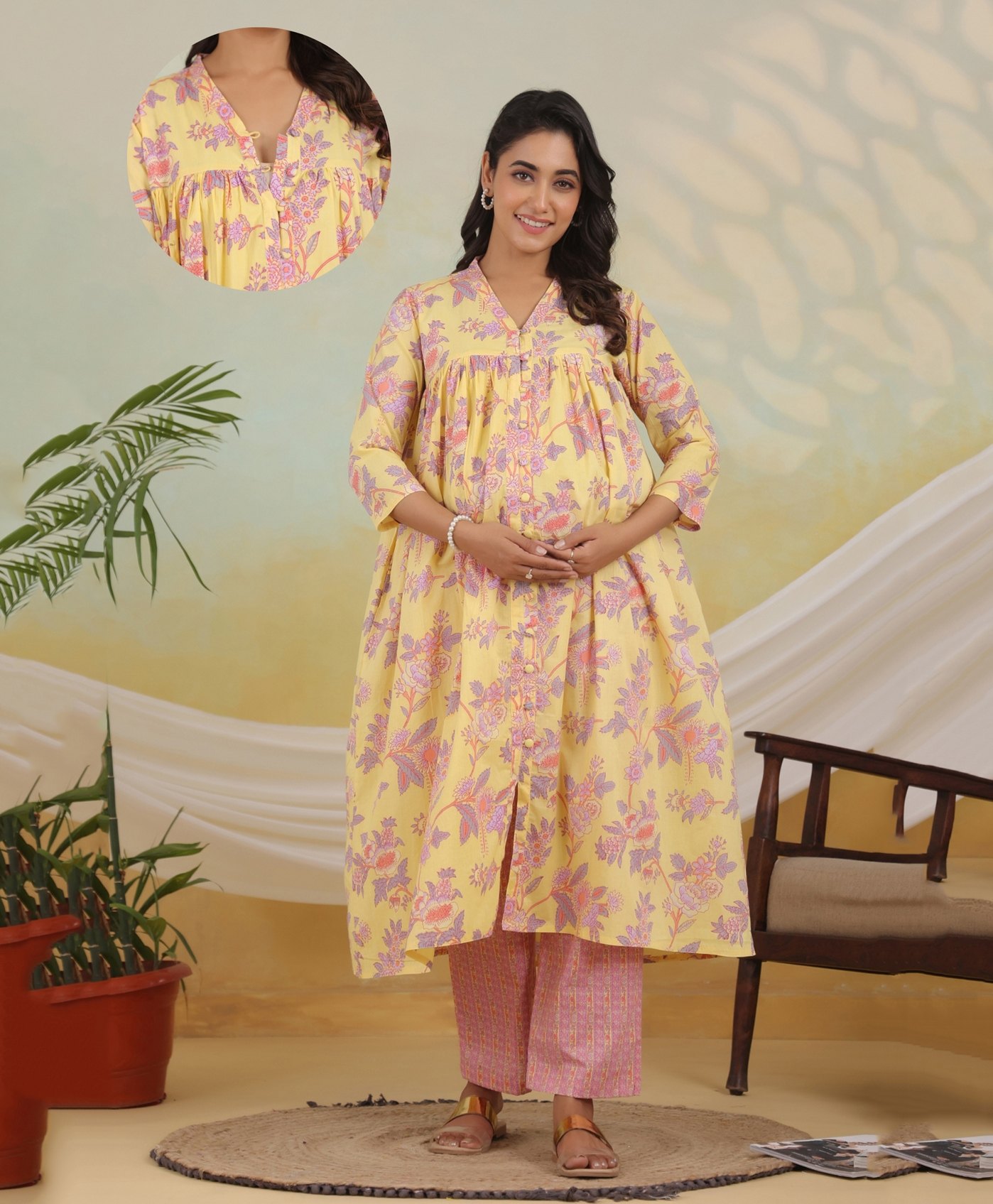 Ikk Kudi by Seerat Cotton Woven Three Fourth Sleeves Floral Printed Kurta With Nursing Access & Coordinating Pant Set - Yellow-picture-38