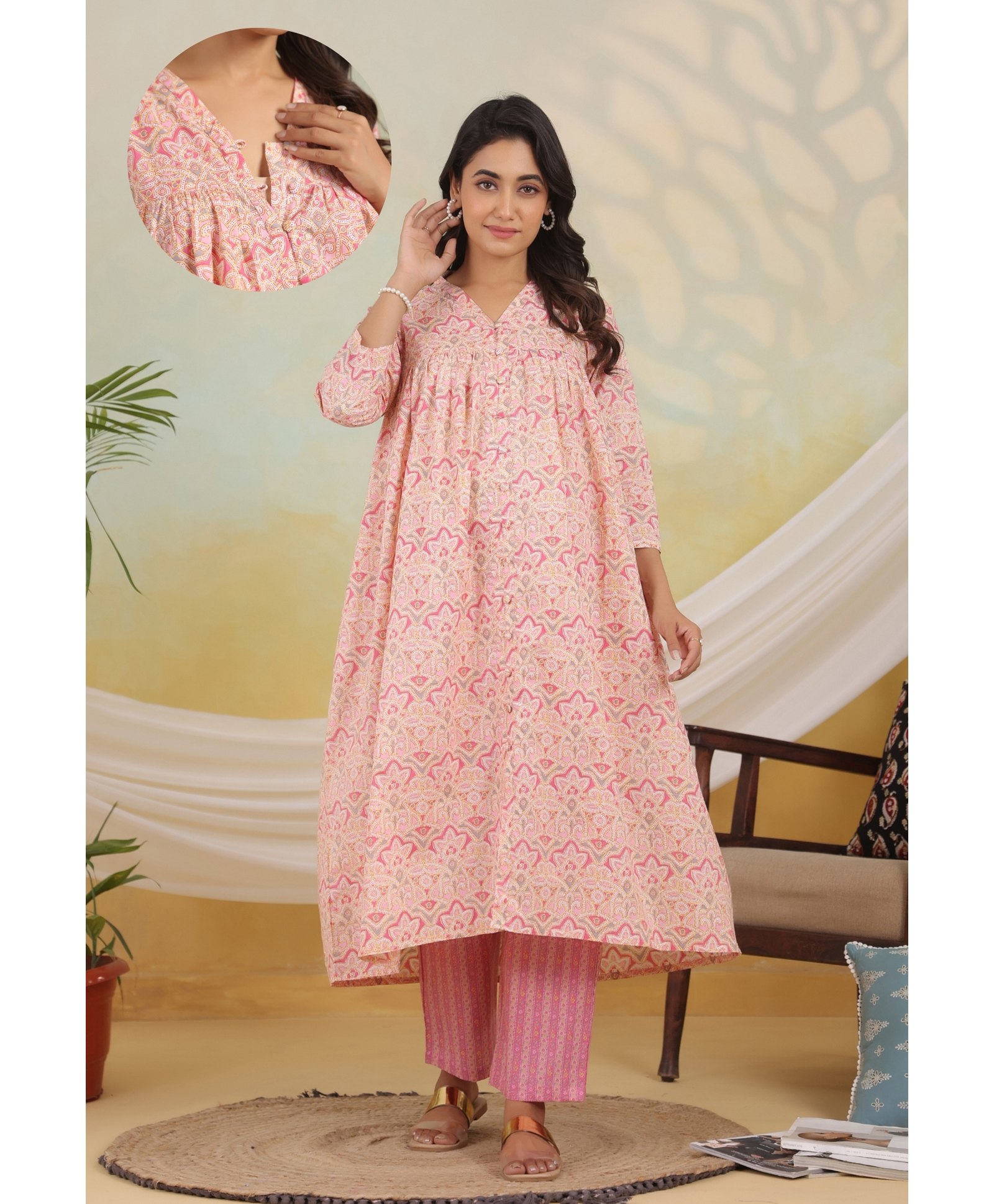 Ikk Kudi by Seerat Cotton Woven Three Fourth Sleeves Abstract Printed Kurta With Nursing Access & Pant Set - Pink-picture-39