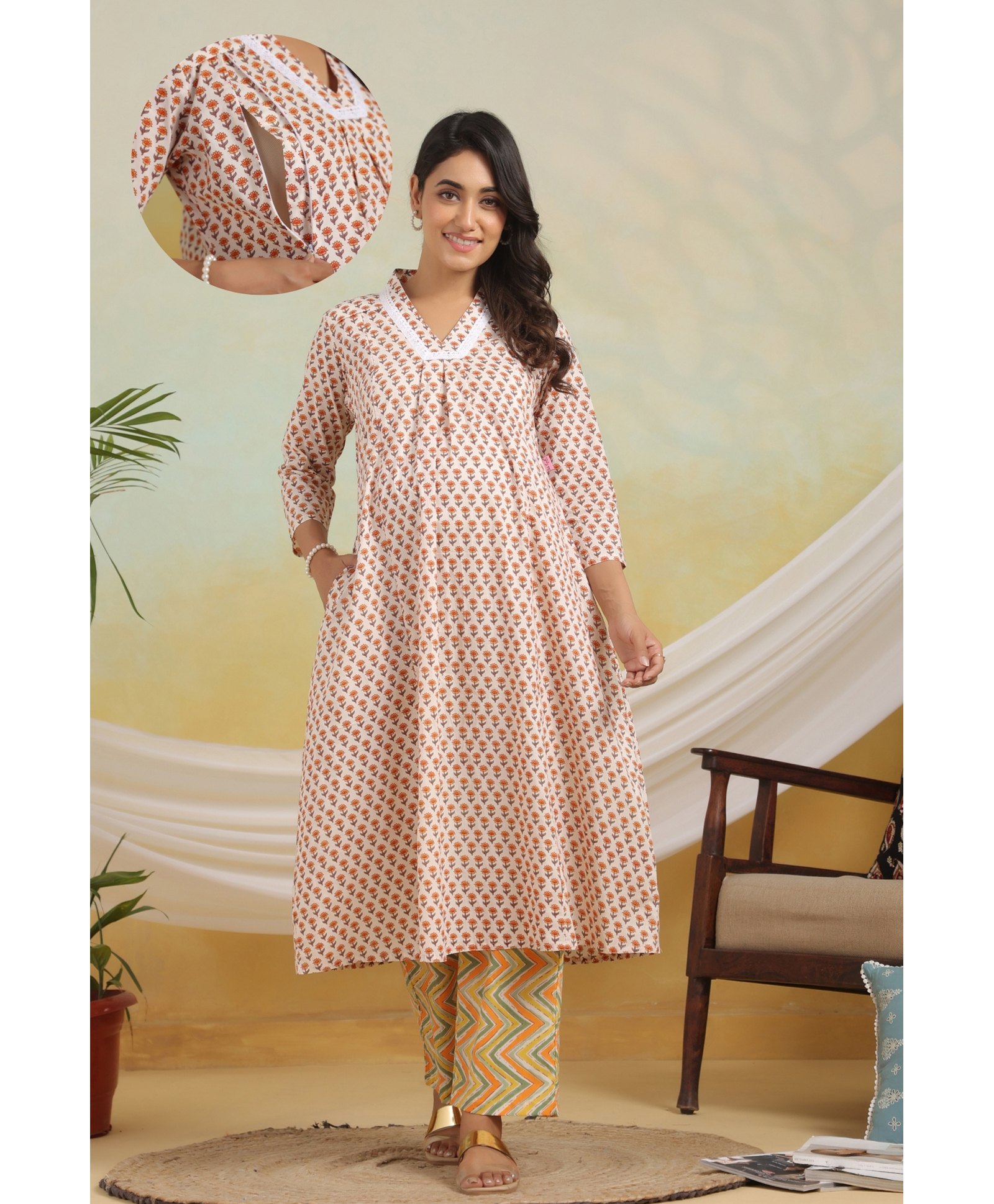 Ikk Kudi by Seerat Cotton Woven Three Fourth Sleeves Floral Printed Lace Detailed Maternity Kurta With Nursing Access & Pant Set - Yellow & White-picture-34