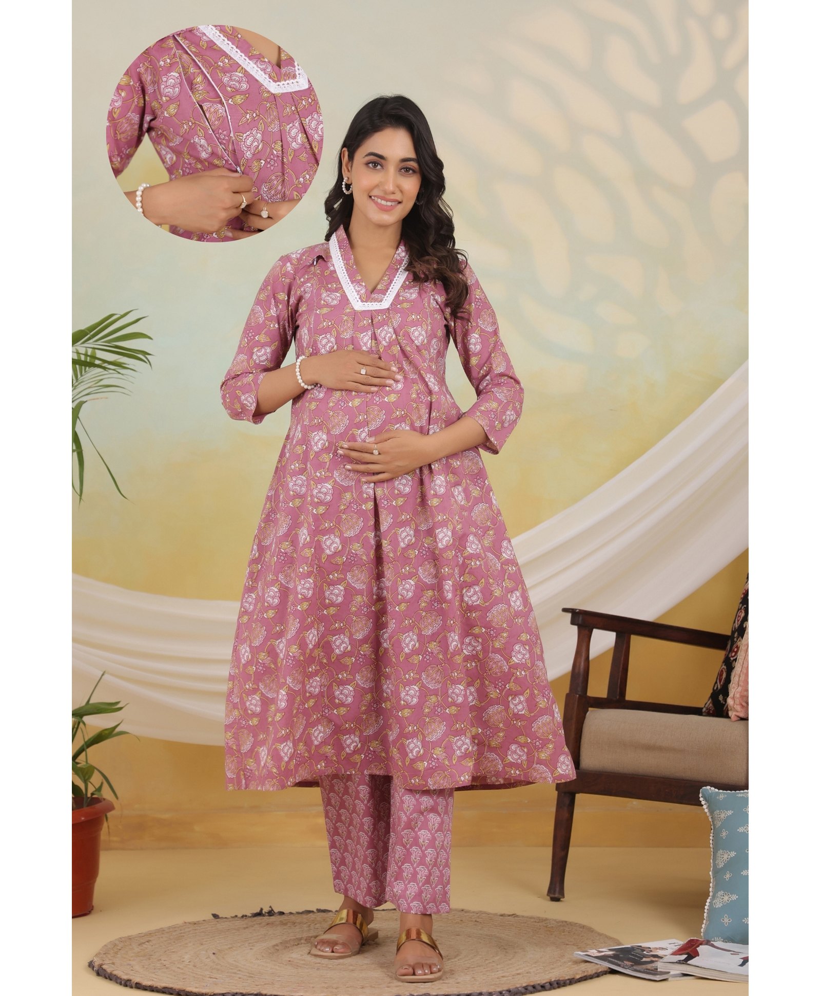 Ikk Kudi by Seerat Cotton Woven Three Fourth Sleeves Floral Printed Lace Detailed Maternity Kurta With Nursing Access & Pant Set - Violet-picture-36
