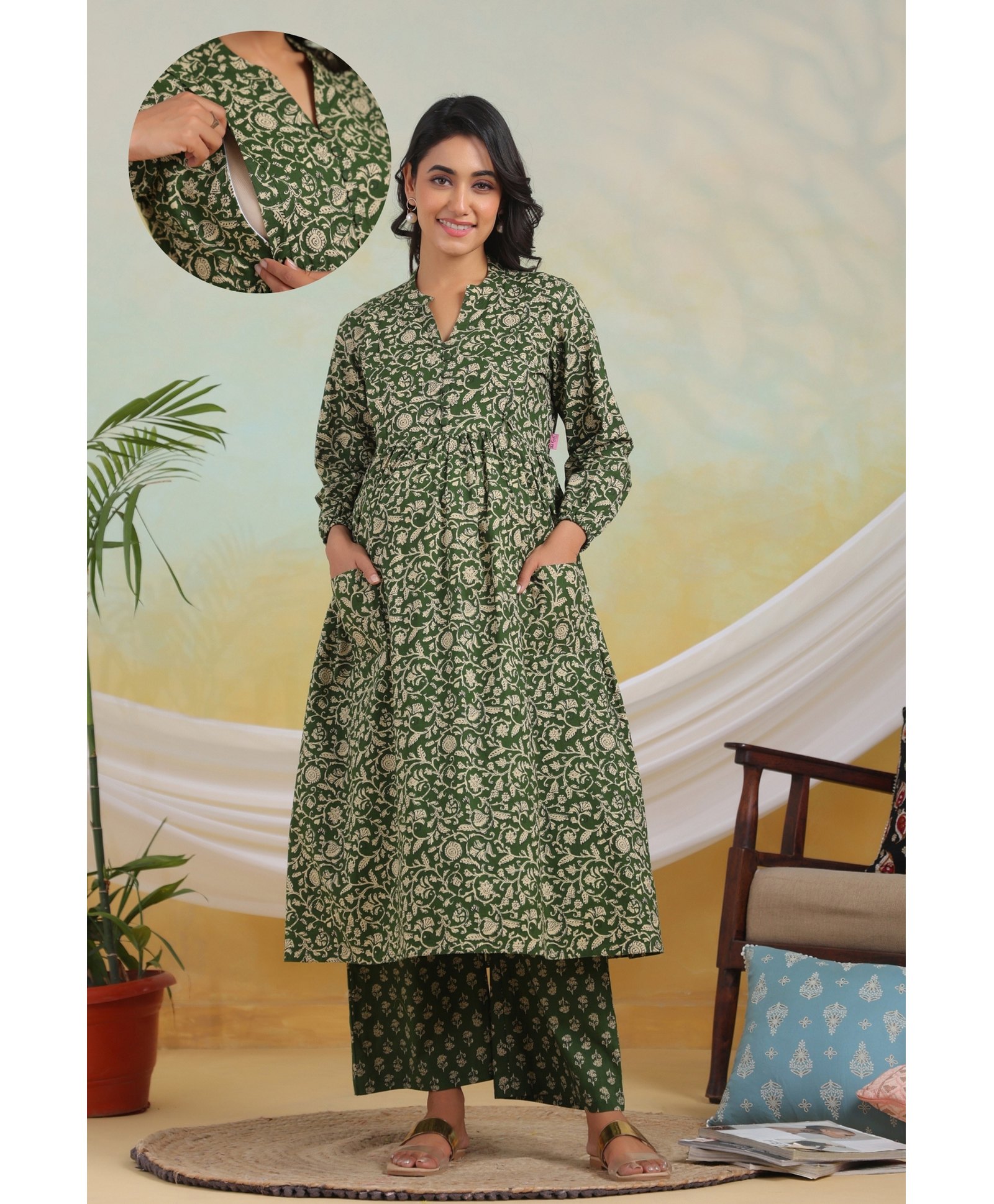 Ikk Kudi by Seerat Cotton Woven Three Fourth Puffed Sleeves Floral Swirls Printed Maternity Kurta With Nursing Access & Pant Set - Green-picture-4