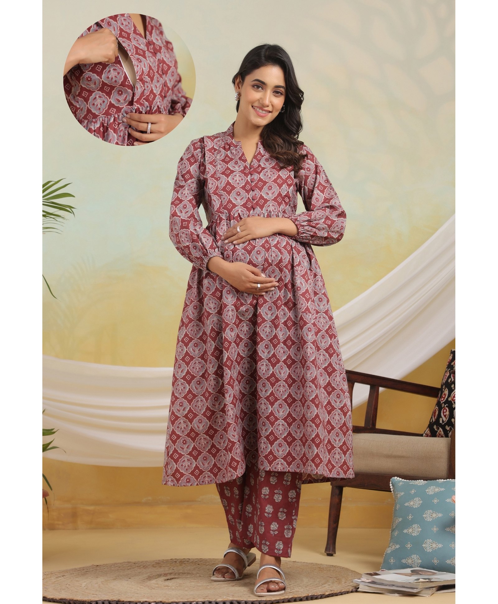 Ikk Kudi by Seerat Cotton Woven Three Fourth Puffed Sleeves Floral Printed Maternity Kurta With Nursing Access & Pant Set - Rust-picture-37