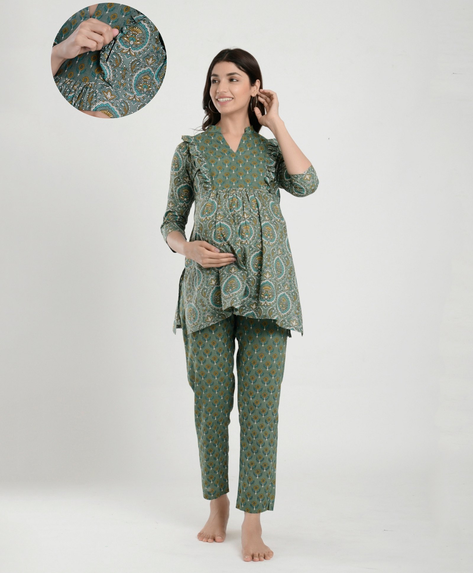 Ikk Kudi by Seerat Cotton Woven Three Fourth Sleeves Floral Printed Maternity Kurta With Nursing Access & Pant Set - Green-picture-35