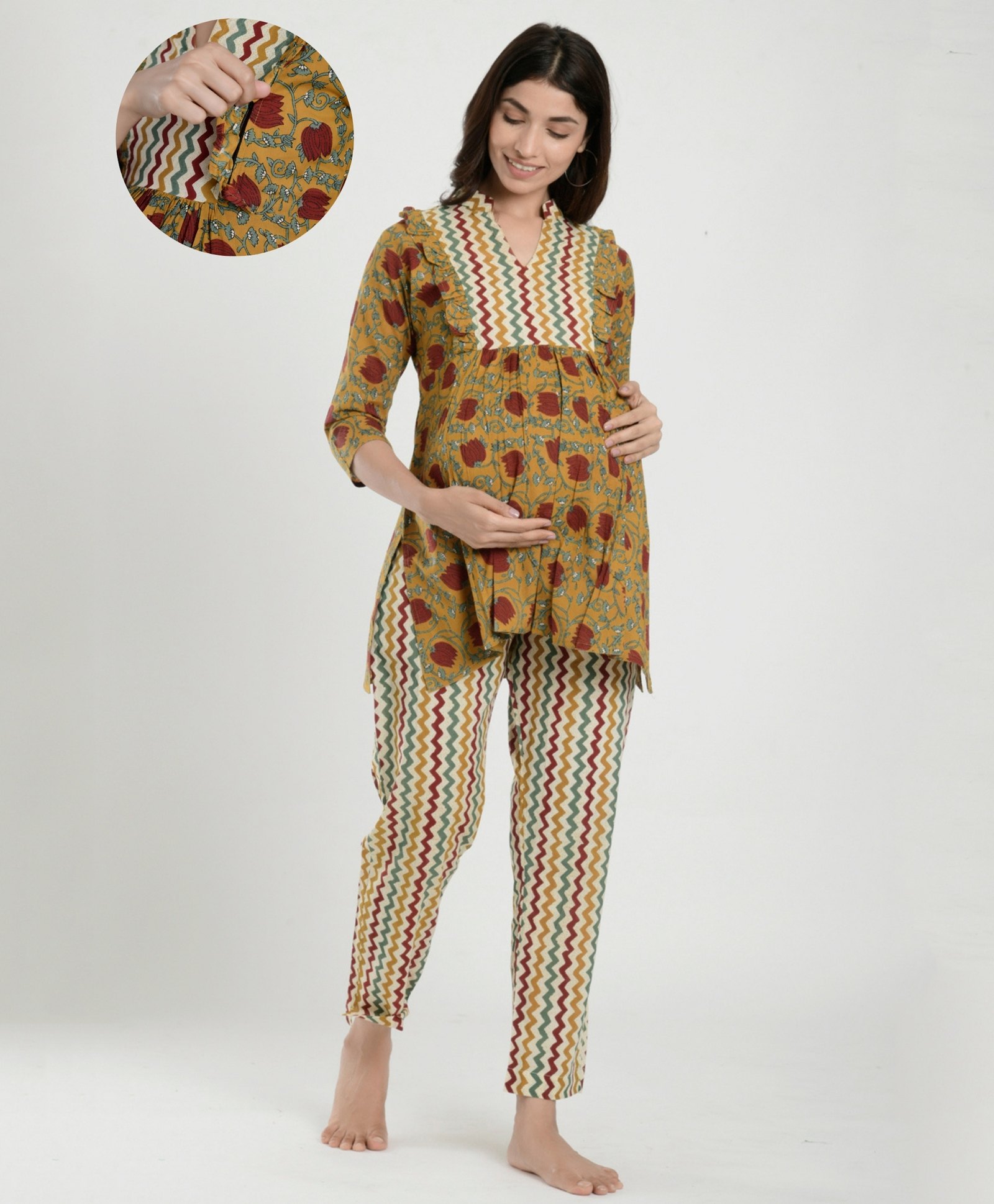 Ikk Kudi by Seerat Cotton Woven Three Fourth Sleeves Floral Swirls & Chevron Printed Maternity Kurta With Nursing Access & Pant Set - Mustard-picture-38