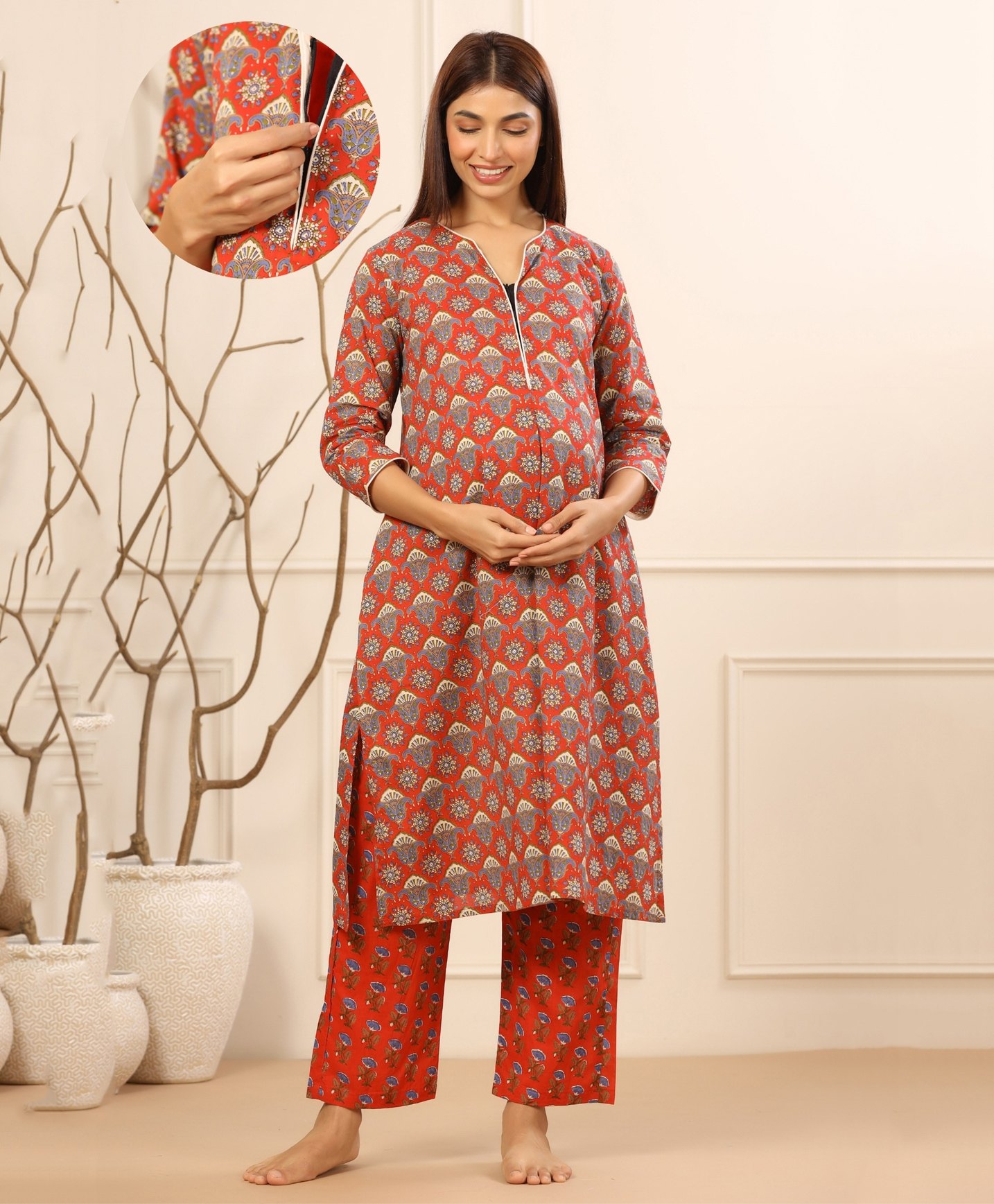 Ikk Kudi by Seerat Cotton Woven Three Fourth Sleeves Floral Printed Maternity Kurta With Nursing Access & Pant Set - Red-picture-10