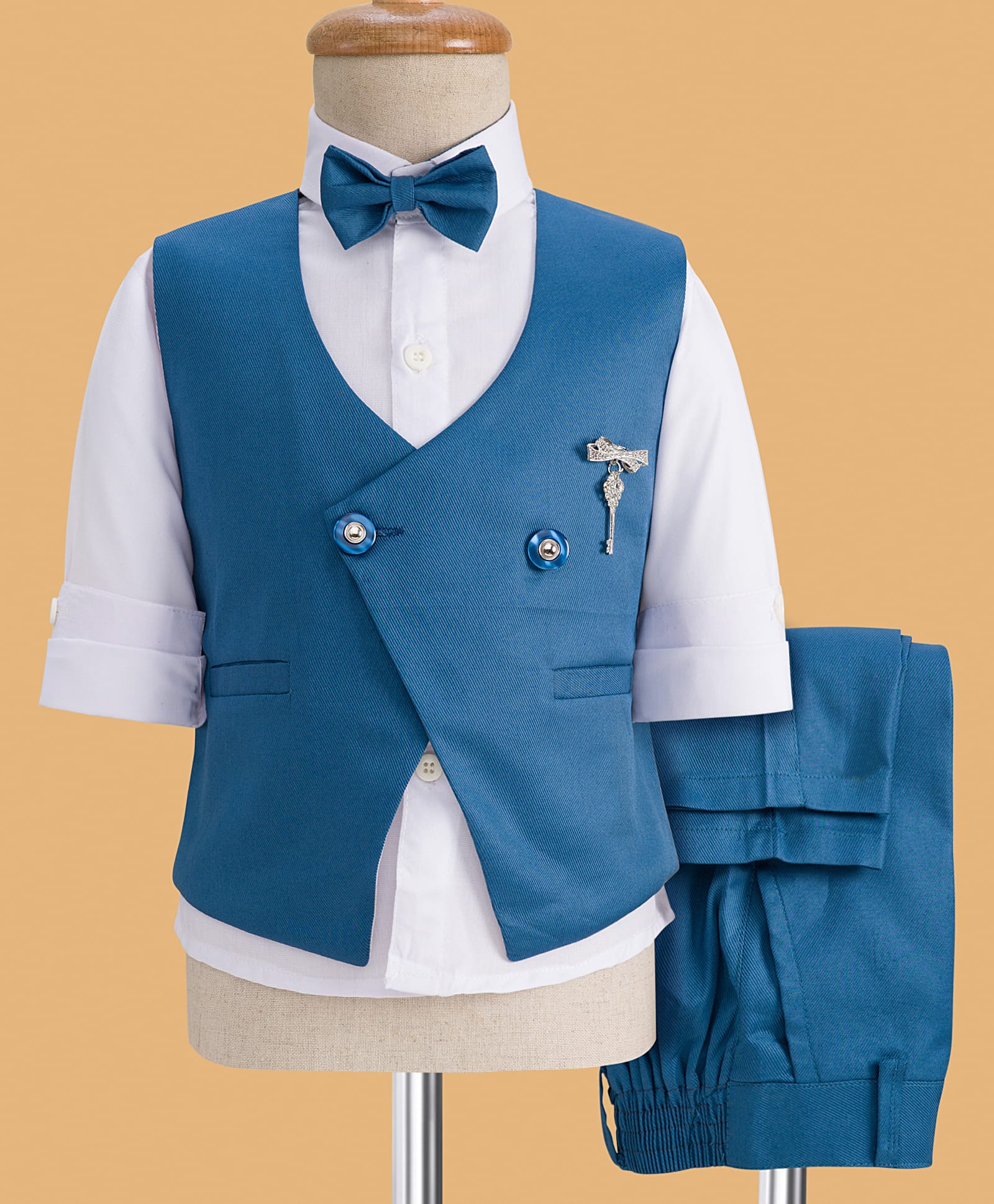 Rikidoos Full Sleeves Branch Applique Detailed 3 Piece Party Suit Set With Bow - White & Peacock Blue-image-11