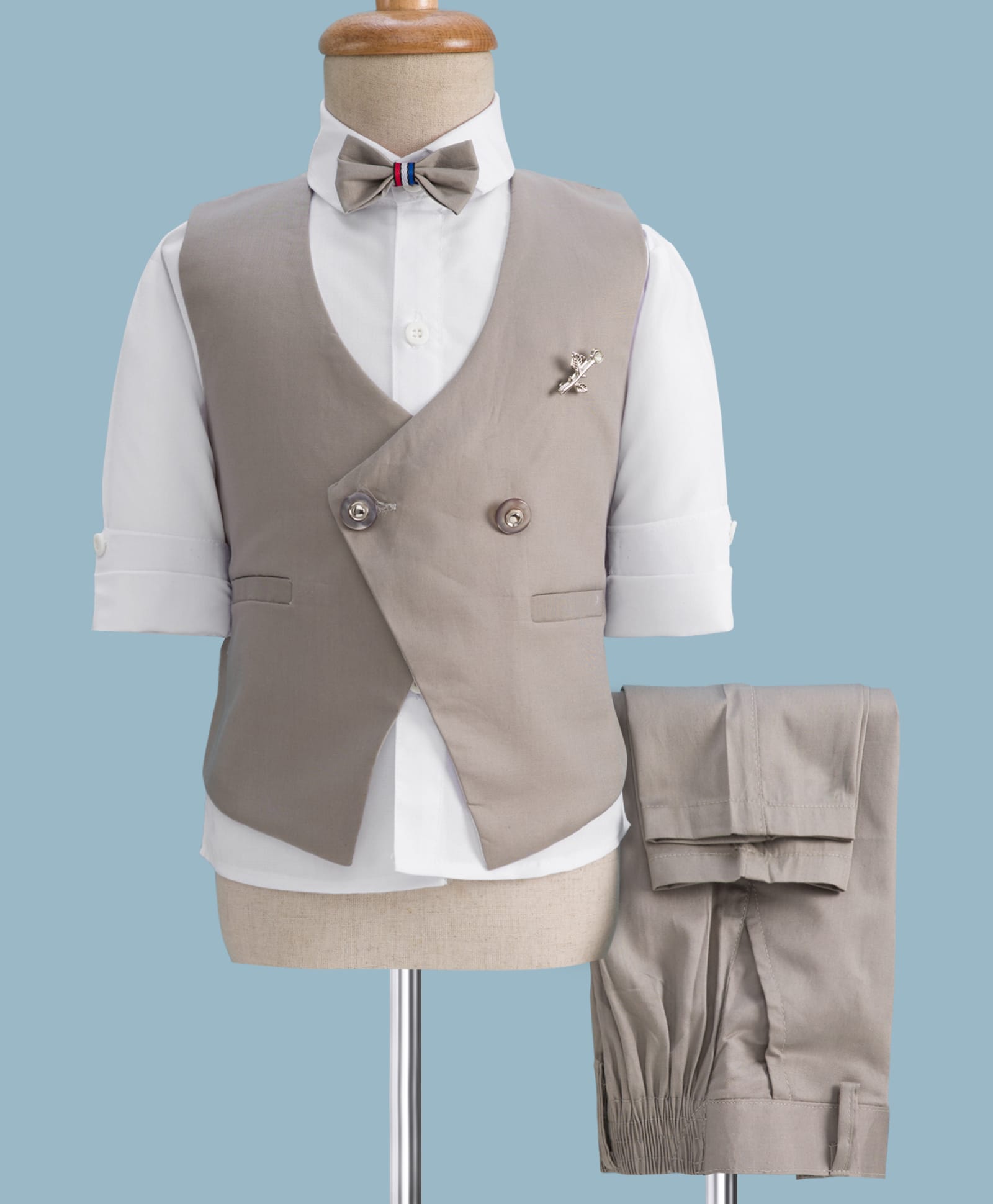 Rikidoos Full Sleeves Branch Applique Detailed 3 Piece Party Suit Set With Bow - White & Grey-picture-28