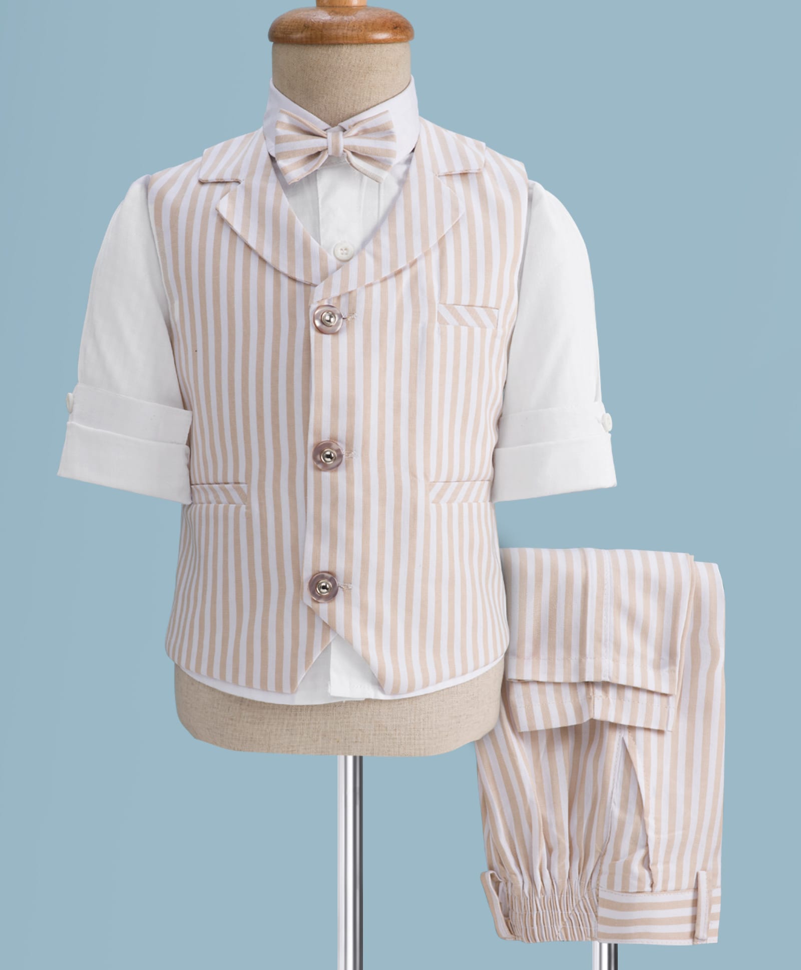 Rikidoos Full Sleeves Striped 3 Piece Coordinating Party Suit Set With Bow - Beige & White-picture-25