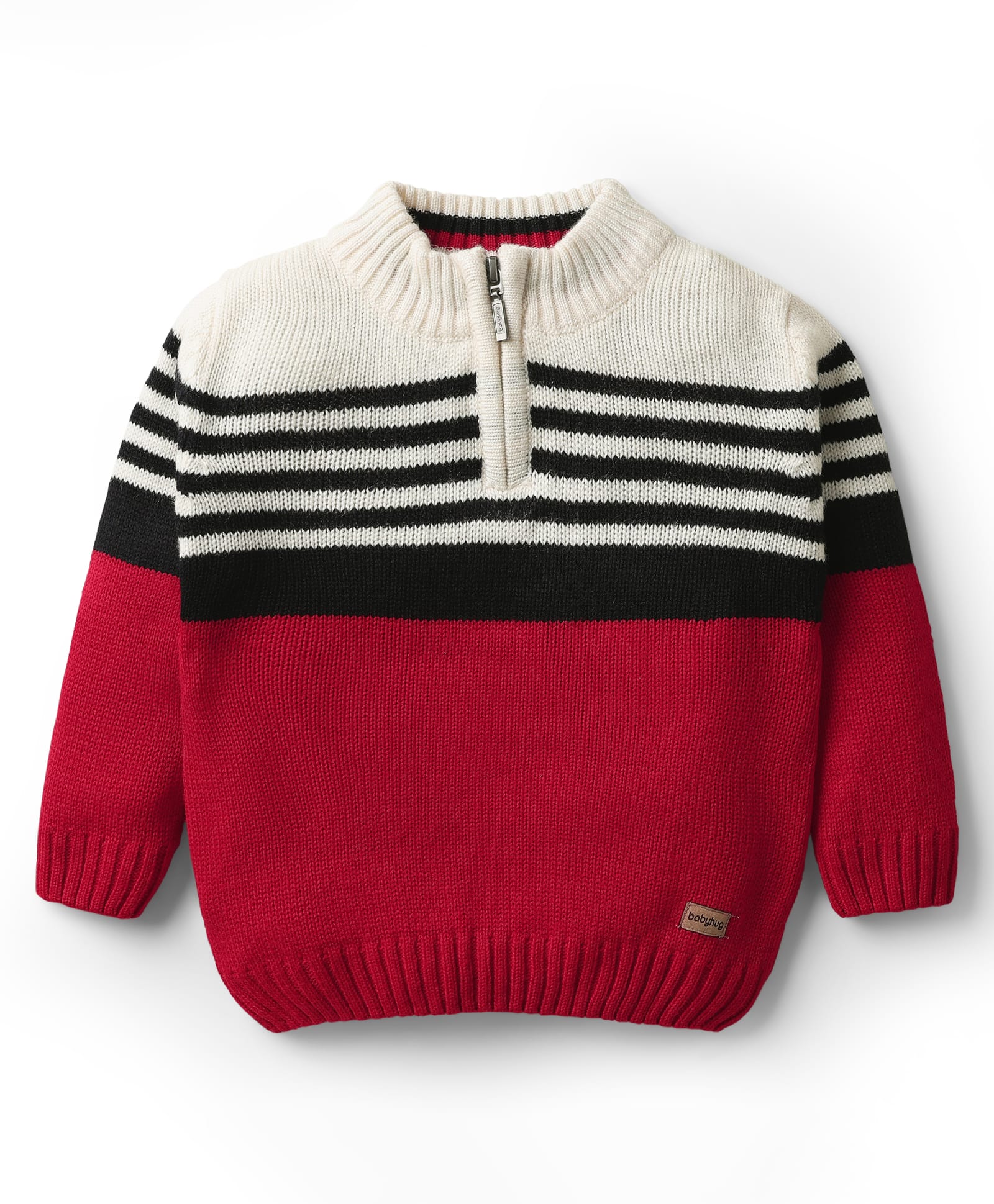 Babyhug Knitted Full Sleeves Pullovers with Color Block & Stripe Design - Red Black & White-image-2
