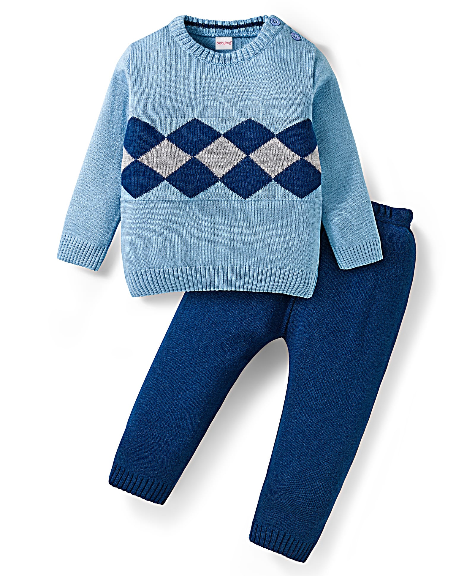 Babyhug Knit Full Sleeves Pullover Sweater Set with Geometry Design - Light Blue & Navy Blue-image-0