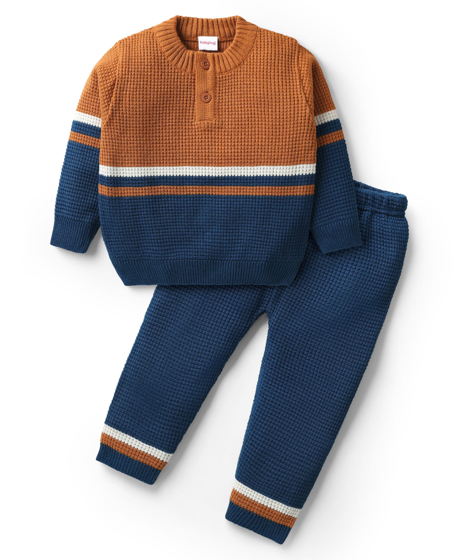 Babyhug Knitted Full Sleeves Sweater Set with Henley Neck & Color Block Design - Ochre Brown & Navy Blue-image-42